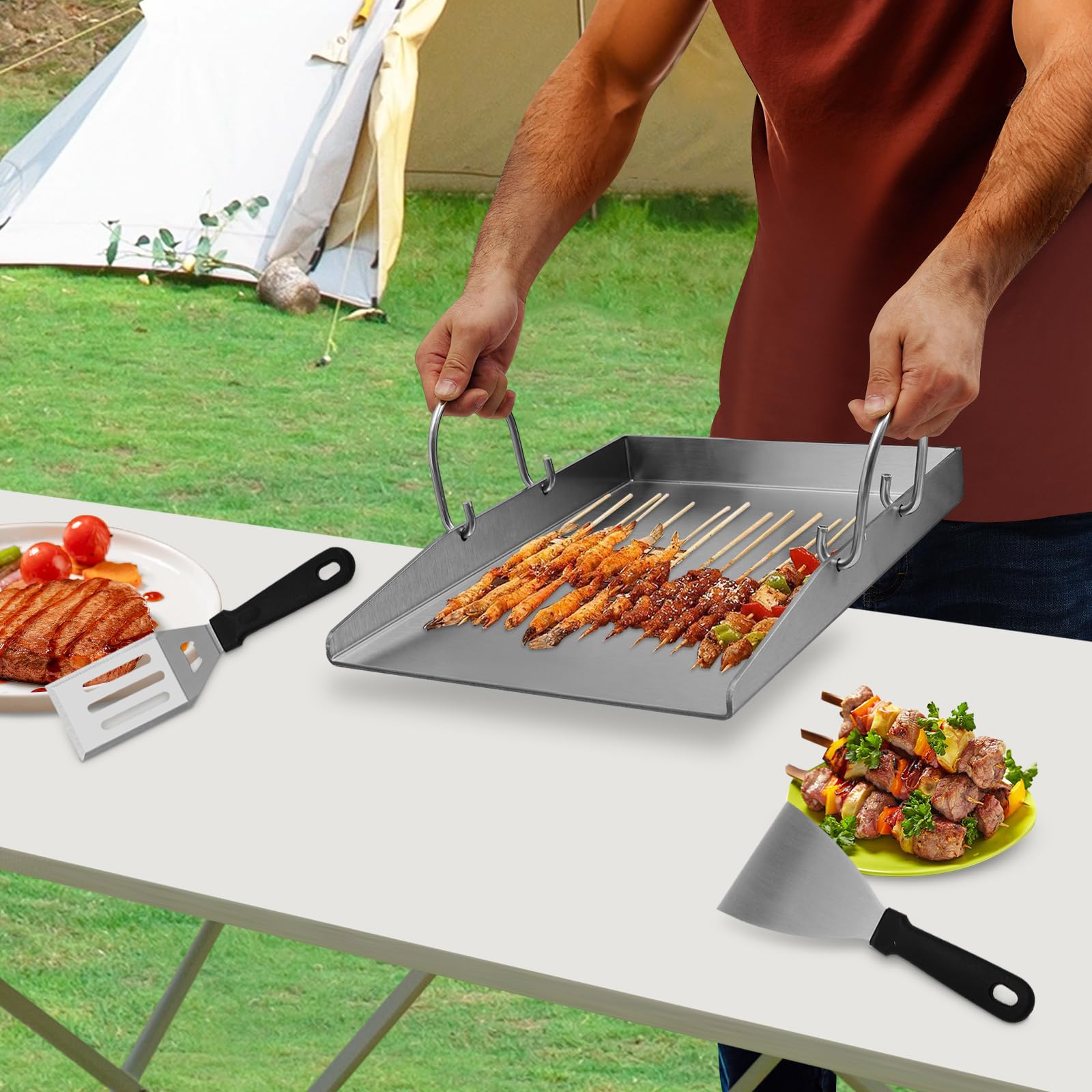 Plancha, piastra per barbecue in acciaio inox, resistente al calore a 338 °C, 40 x 30 cm, con 2 spatole e manici rimovibili, per esterni e campeggio