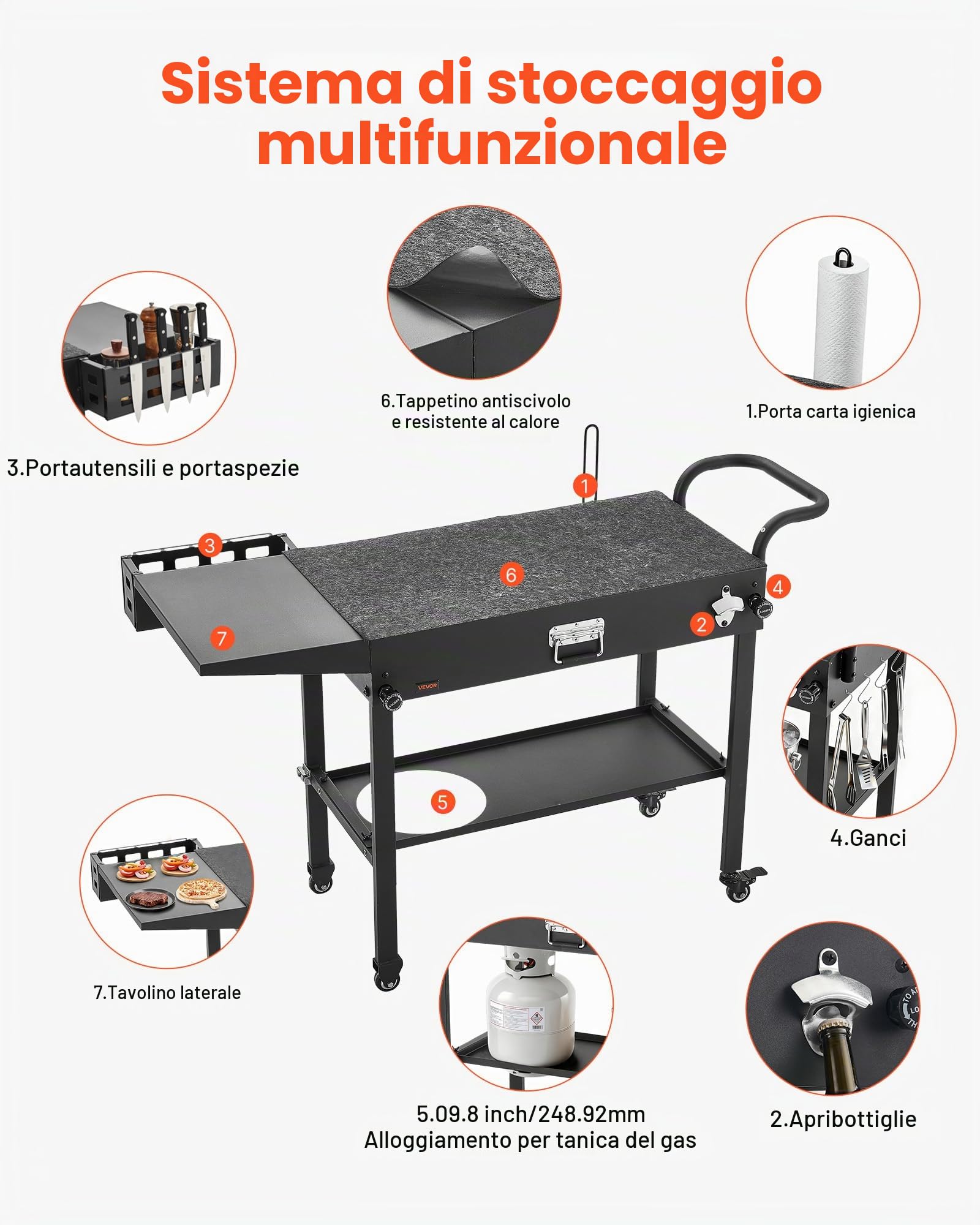 VEVOR Carrello per Griglia da Esterno Tavolo da Griglia da 787 x 432 mm Pieghevole per Esterni con Porta Fazzoletti, Ganci, Ruote, Tavolino Laterale, Tavoli per la Preparazione del Barbecue