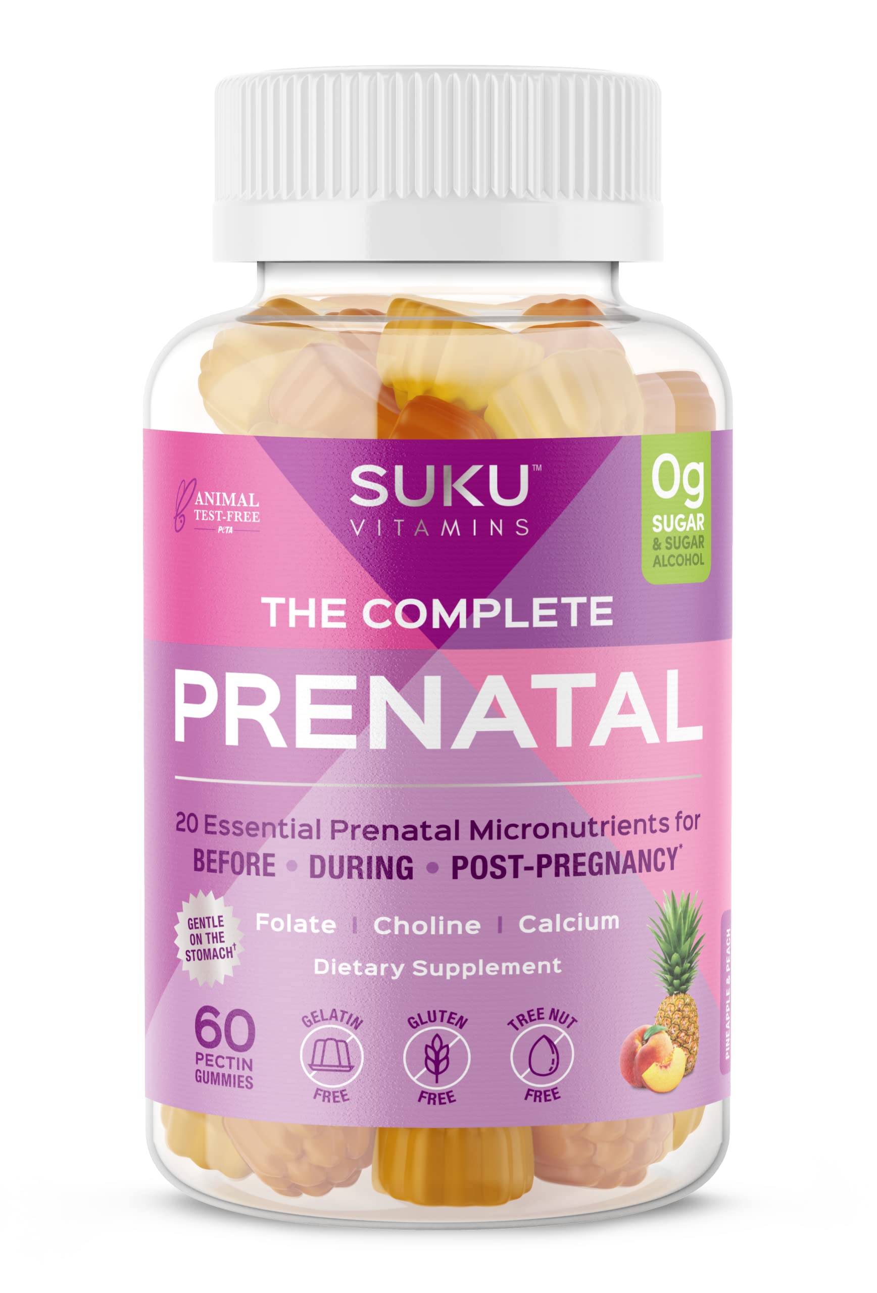 SUKU Gomas de vitaminas pré-natais com folato e colina, 20 nutrientes, 60 unidades