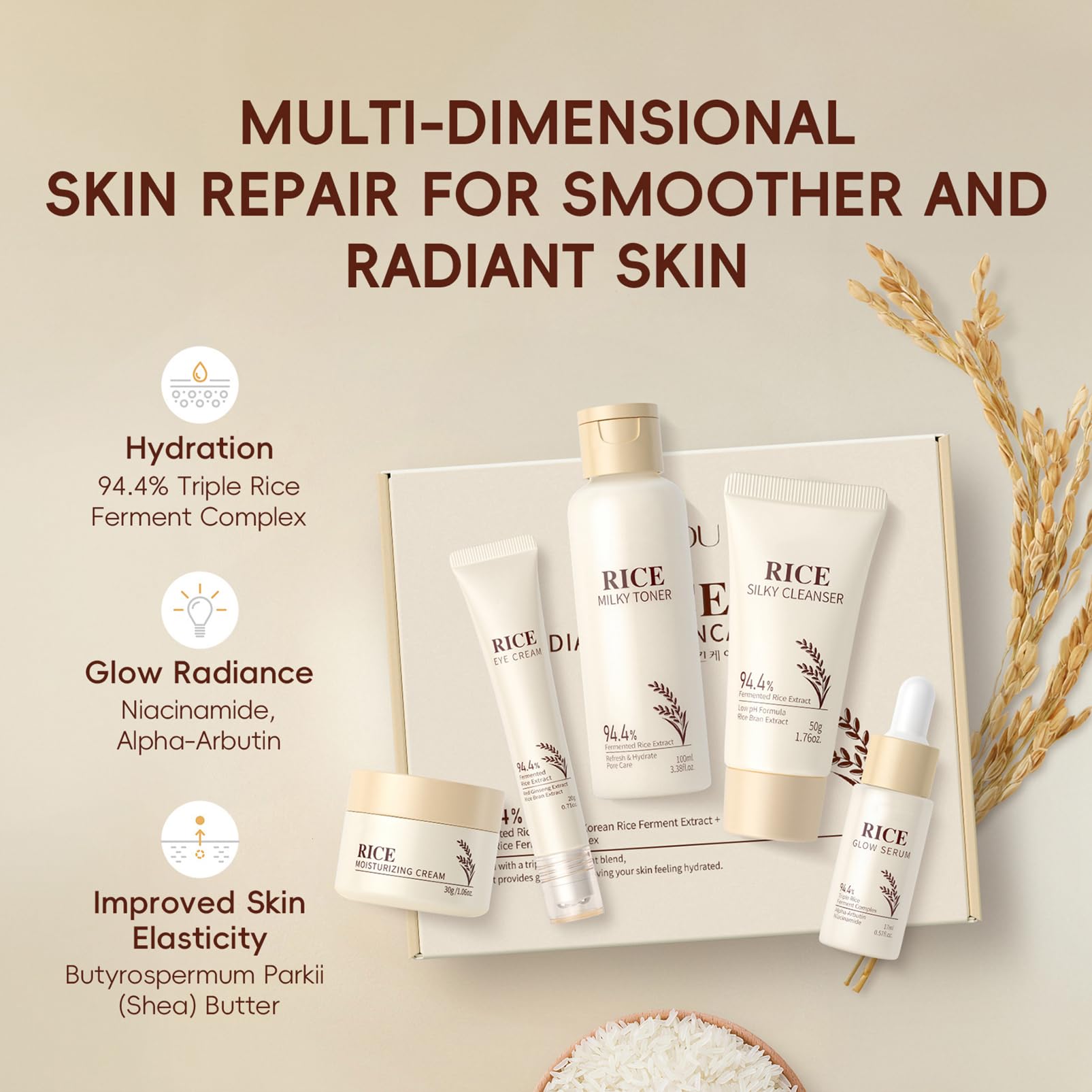 Korean Skincare Set,Glass Skin Care Gift Set,Rice Skin Care Sets & Kits-Rice Cleanser,Toner,Serum,Cream,Eye Cream,Facial Kit for Glowing Skin,Rice Raw Pulp Beauty Gift Set for Women (One Size - Image 2