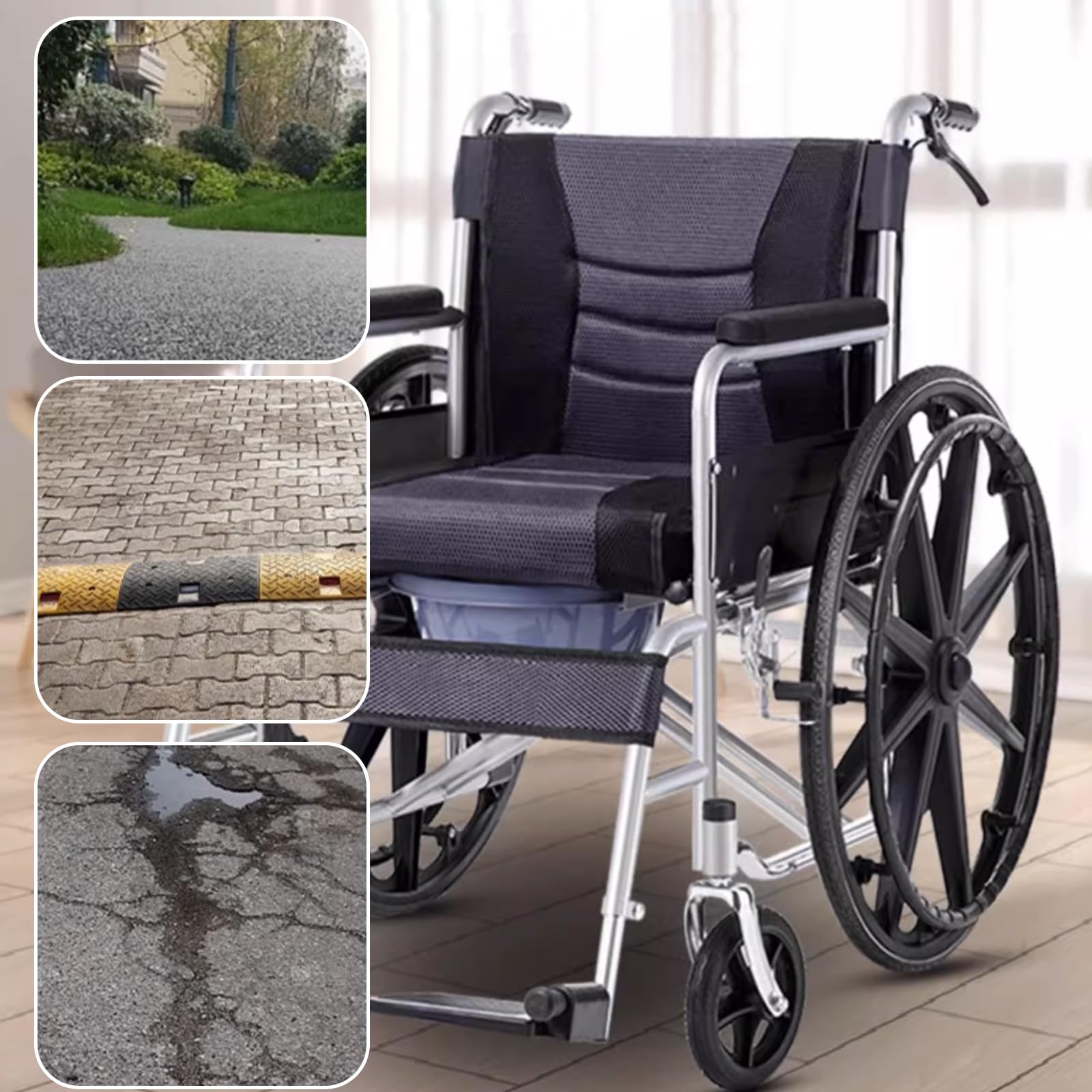 Sedia a Rotelle Pieghevole ad Autospinta, Sedia a rotelle da transito, Carrozzina pieghevole, Doppio sistema di frenata(Solid Wheel)