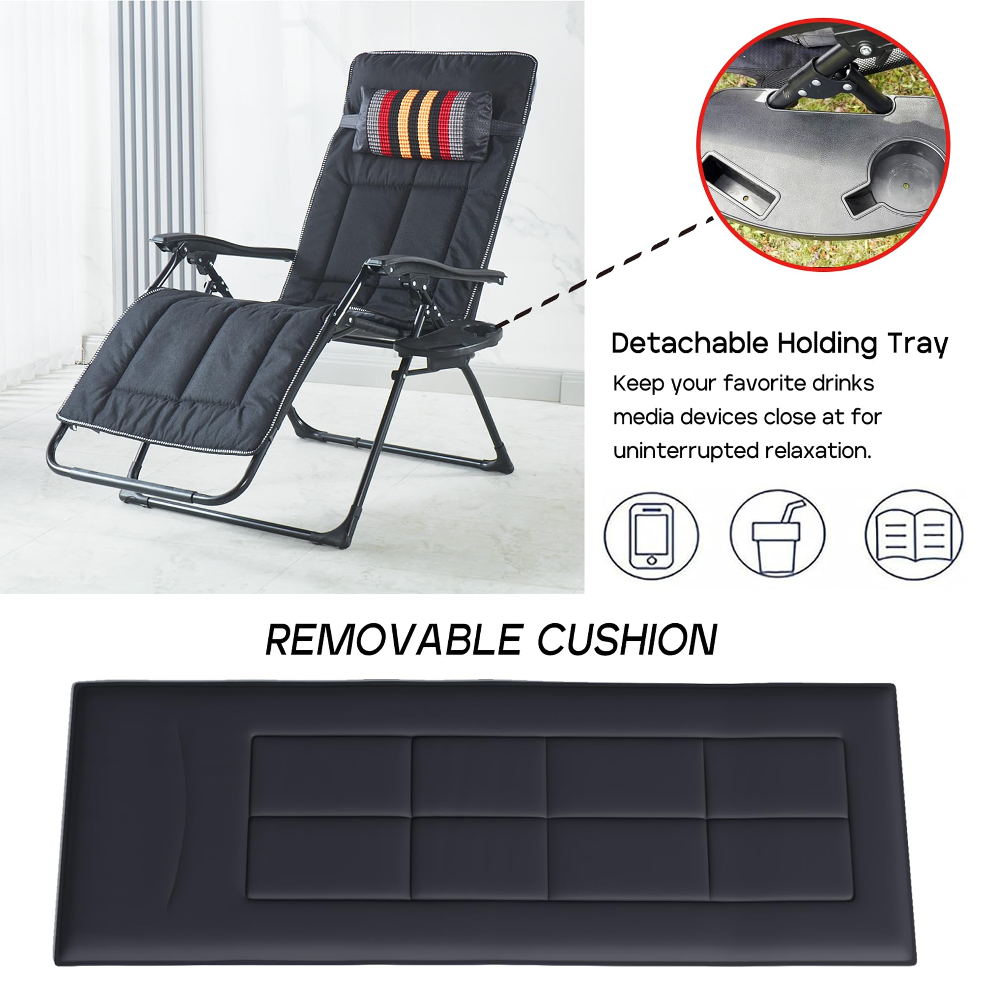Chaise Longue de Jardin Pliable Transat Bain de Soleil Inclinable, Chaise Longue Pliante avec Coussin et Porte-Gobelet, Fauteuil Relax Jardin Dossier réglable pour Extérieur Terrasse, Noir