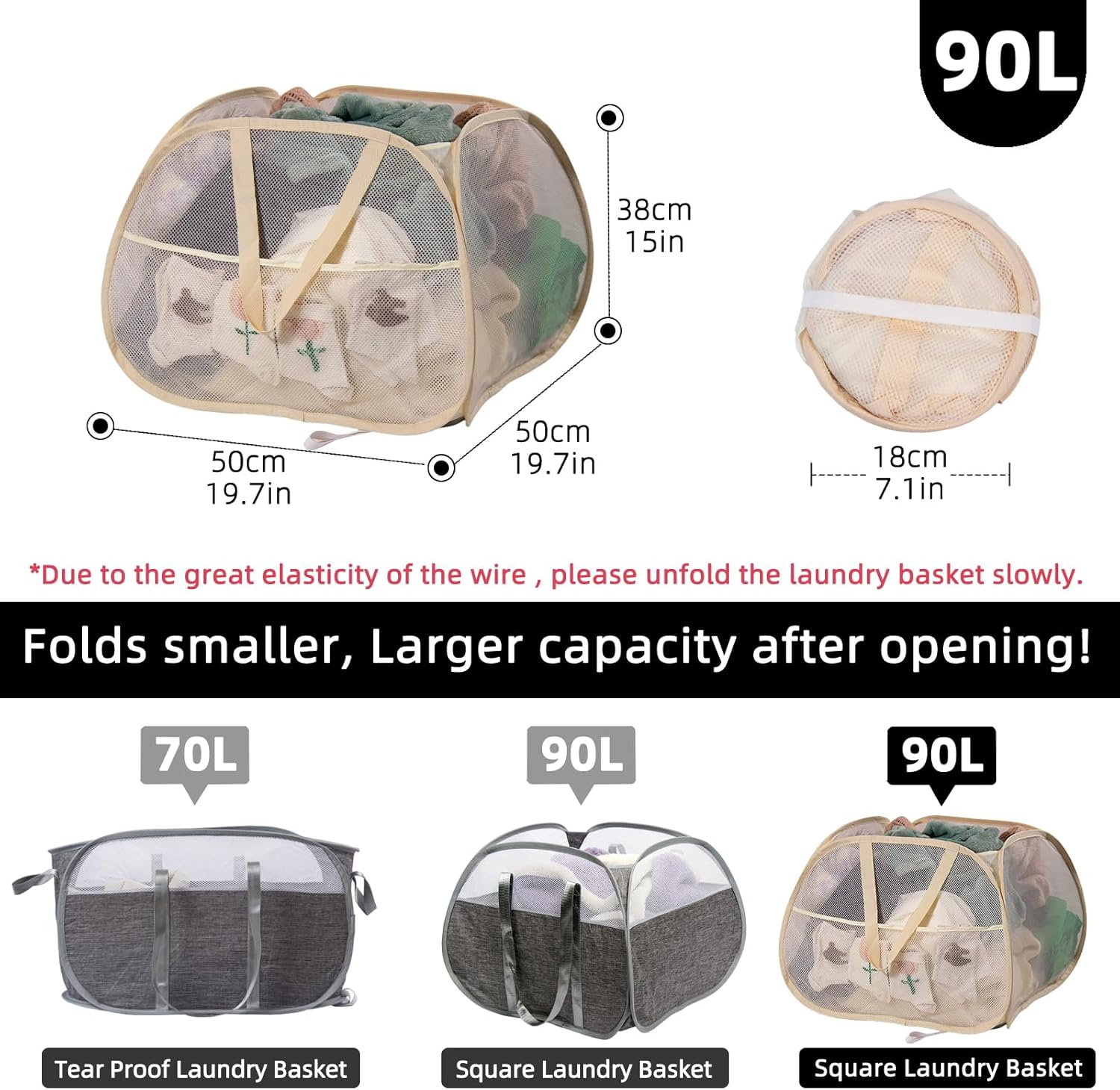 Collapsible Laundry Basket, 90L Foldable Pop-up Laundry Hamper with Reinforced Handles, Tear Proof Mesh Dirty Clothes Hamper for Laundry (Gray, 2PCS)