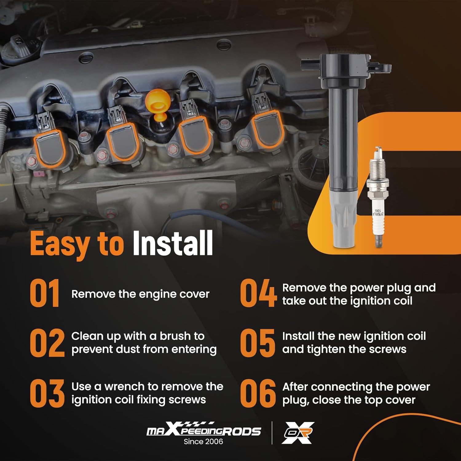 maXpeedingrods UF502 Ignition Coil 7781 Spark Plug for Dodge Chrysler VW V6 3.5L 4.0L Engine, 2006-2010 Charger, 2008-2010 Avenger Town & Country, 2009-2010 Journey Challenger (Set of 6)