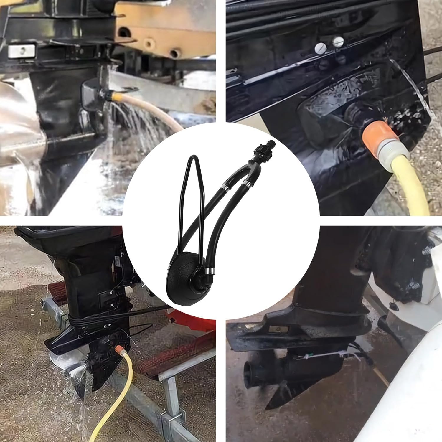 Boat Motor Flusher Dual Tube Round Head Outboard Engine Cleaner Muff for Marine Motor Flushing and Winterizing, Sturdy Support Bracket for Yacht and Boat Accessories