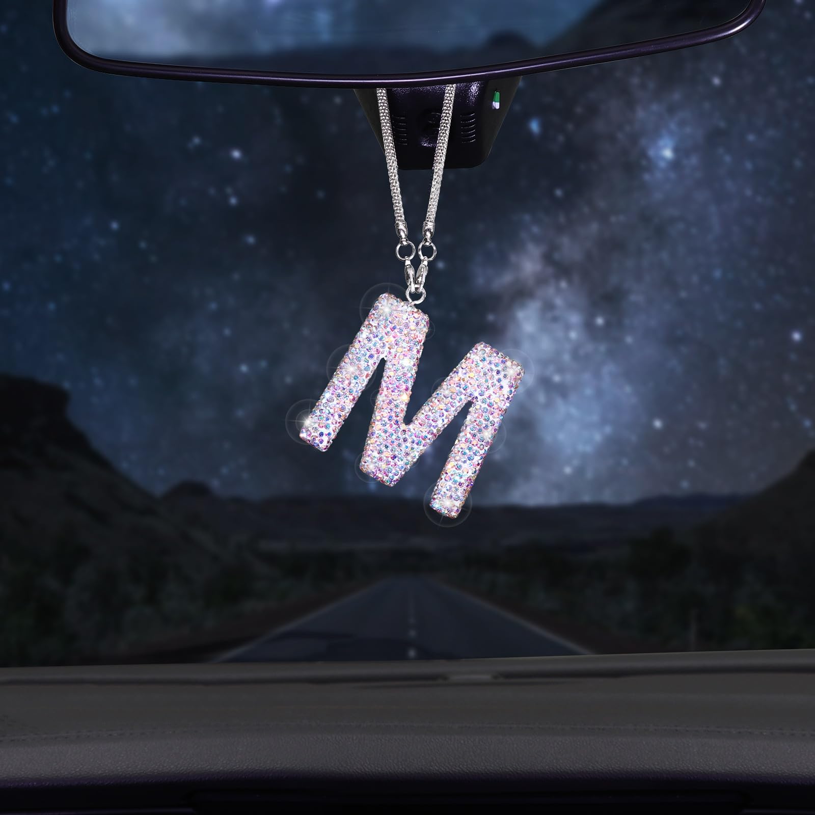 Bling Car Rear View Mirror Letter Pendant, Crystal Car Rear View Mirror Charms Letter S Car Accessories,Cute Lucky Hanging Ornament Pendant Car Hanging Accessories For Women. (Silver - View #4