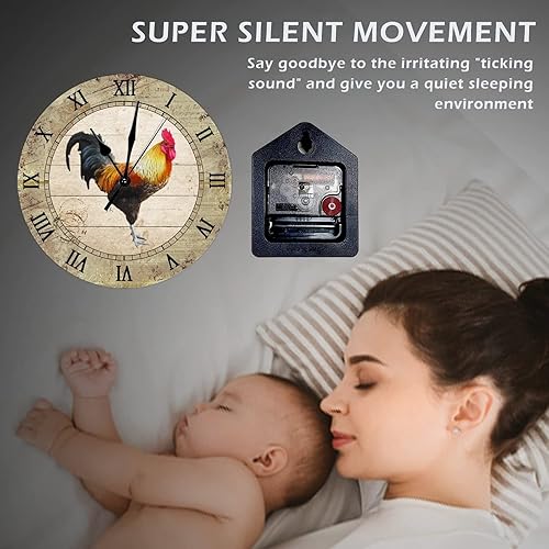 Miniatura 8 de Reloj de pared moderno, silencioso sin tictac, funciona con pilas, estilo granero, pollo, gallo francés, retro, de madera, redondo, fácil de leer