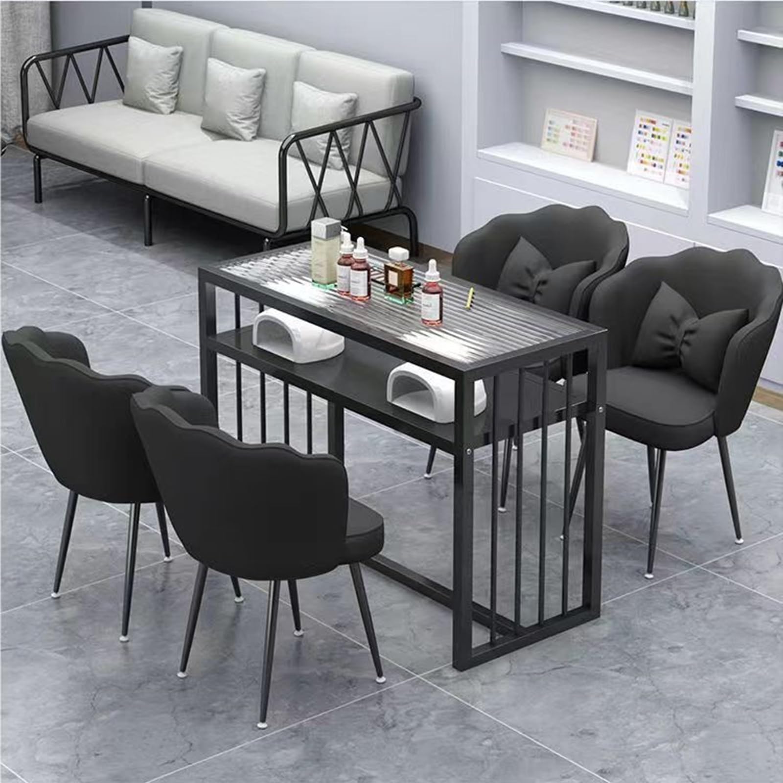 Meuble de manucure clou double poste avec long plateau en verre