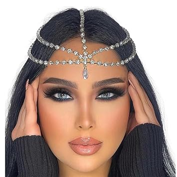 Rhinestone Head Chain Jewelry Silver Headpiece for Women Multiple Crystals Hair Chains Headband Forehead Band Halloween Festival Accessories Prom Wedding Headpiece for Bride