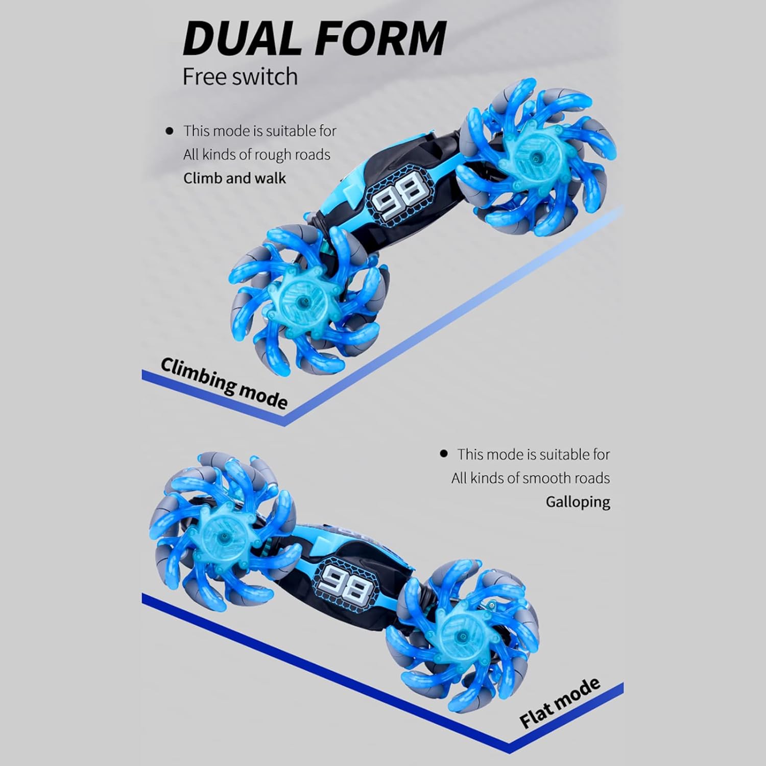 GoolRC Gesture Sensing RC Stunt Car, 4WD 2.4GHz Remote Control Car, Transformer Toy Cars with LED Lights, Double Sided Driving, 360?Rotating and Explosive Wheel for Adults (Blue)