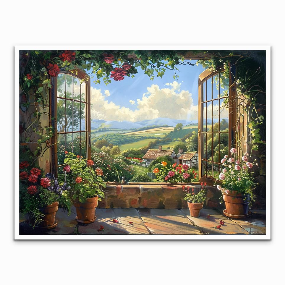 English Country Garden Landscape Cottage window Landscape Painting Country and garden flower images Nature scene Home decoration Window Room Wall Art 24x36 poster Unframed