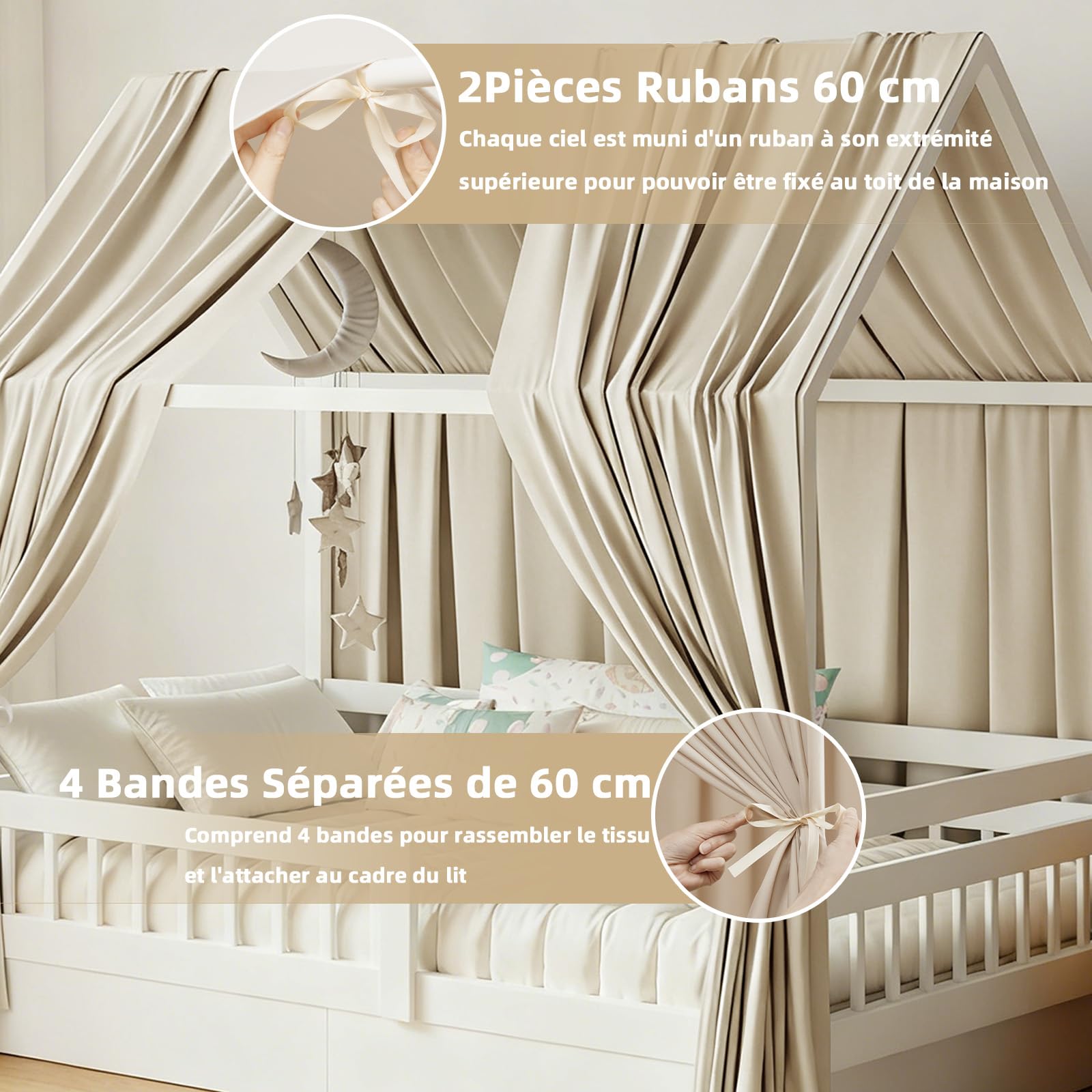 GFCC Ciel de Lit Cabane Ensemble de Décoration avec 2 Pièces Rideaux Lit Cabane Enfant Baldaquin Ciel en Tissu de Maison Chambre pour Fille Garçon,62 x 270 cm Camel