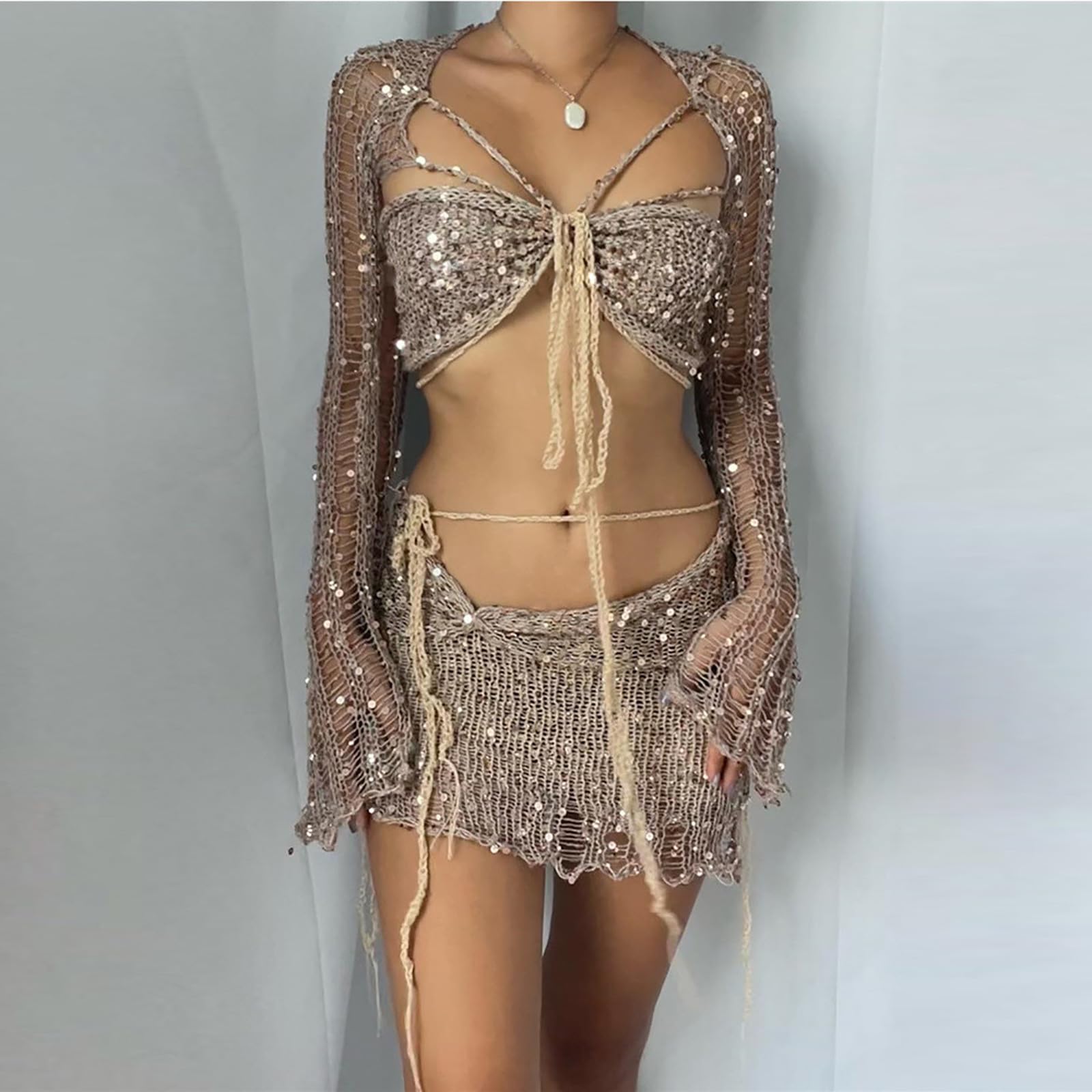 Beige Cover Ups Sets for Women Matching Formal Date Night Gowns Evening Disco Club Tops Skort Swimsuits Cover Ups Sets Ladies S