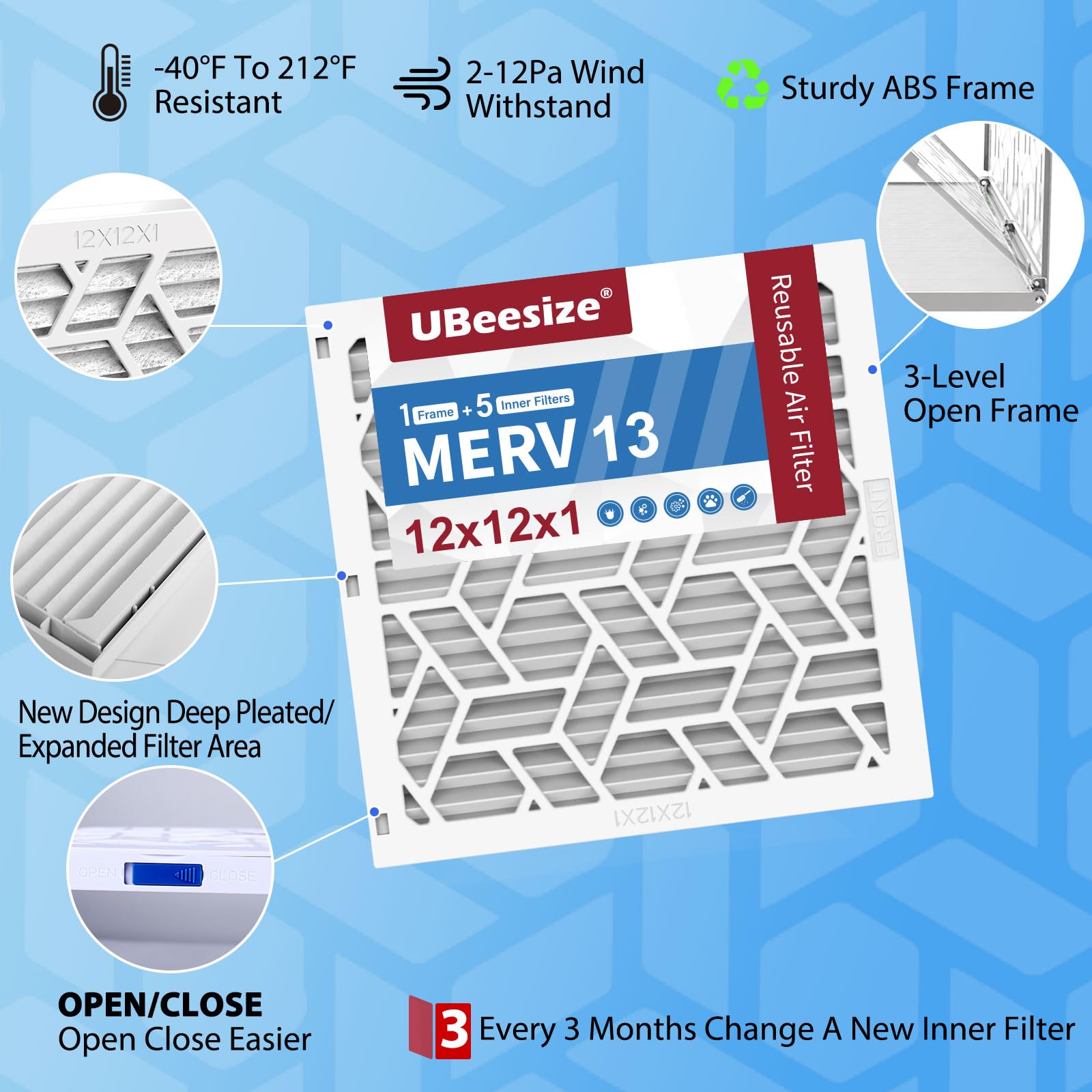 UBeesize Filtro de aire reutilizable de 12 x 12 x 1 (paquete de 5), filtro de aire acondicionado y calefacción, MERV 11, MPR 1800, fácil de cerrar/abrir, 1 marco ABS reutilizable + 5 filtros