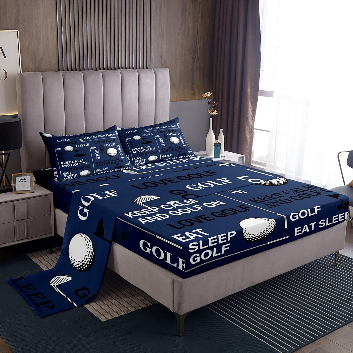Castle Fairy Golf Boys Bed Sheets Queen Size,Golf Ball Bedding Sets 4Pcs for Kids Teens Men Room Decor,Outdoor Sports Gaming Fitted Sheet Modern Navy Blue Quilted Top Flat Sheet,2 Pillowcases