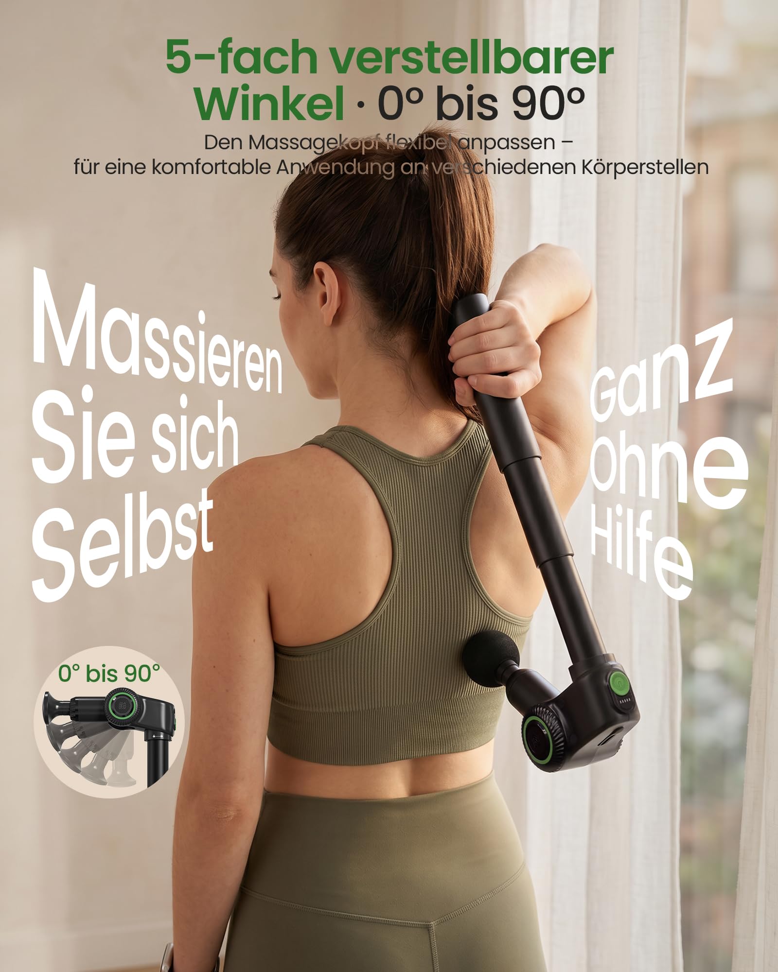 Faltbare Massagepistole mit Verlängerungsgriff für Rücken | Massagegerät mit 5 Einstellbaren Winkeln, Massage Gun 10 mm, 2800 U/min, 5 Geschwindigkeiten, 5 Aufsätzen, Tragetasche