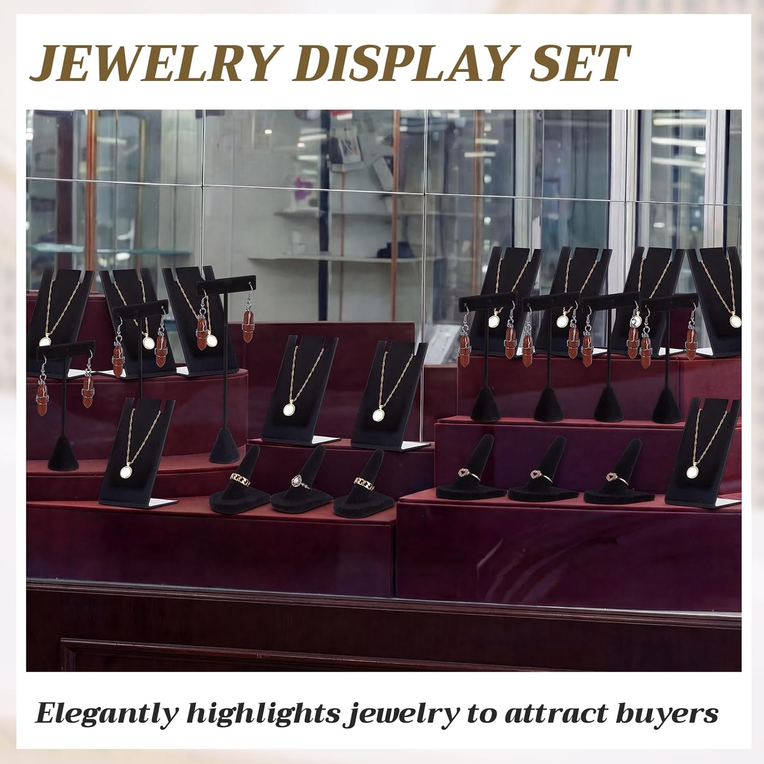 Geelin 30 Pcs Velvet Jewelry Display Set for Vendors, Earring Display Stands, Necklace T Bar, Ring Holders, Black Jewelry Holder for Craft Shows, Booth, Selling