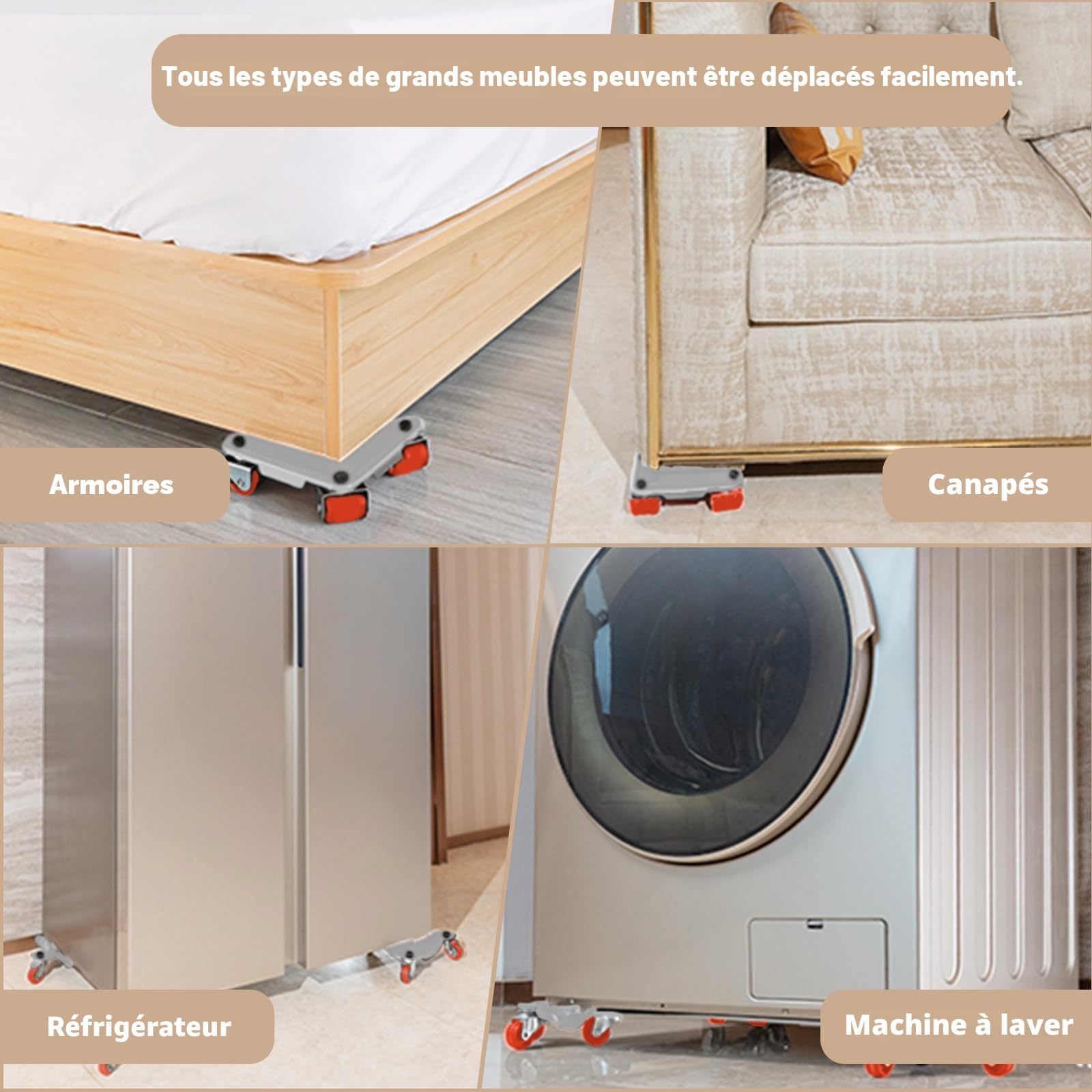 Kit de Déplacement de Meubles à roulettes, Chariot et Lève-Meubles Améliorés, roulettes Pivotantes à 360°, 400 kg, Patins Professionnels pour Canapé, Machine à Laver, Garde-Robe, Réfrigérateur, Piano