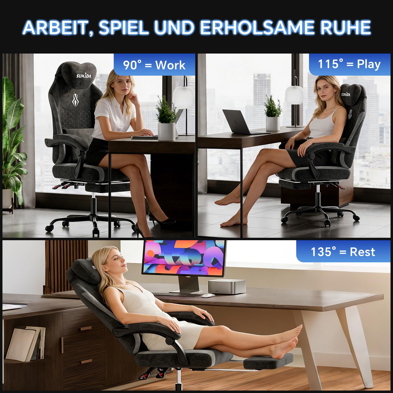 SUKIDA Gaming Stuhl, Ergonomischer Schreibtischstuhl mit Fußstütze Kopfstütze und Lendenkissen, Schreibtischstuhl mit Stoffoberfläche Hochwertiger - Stoff, Schwarz