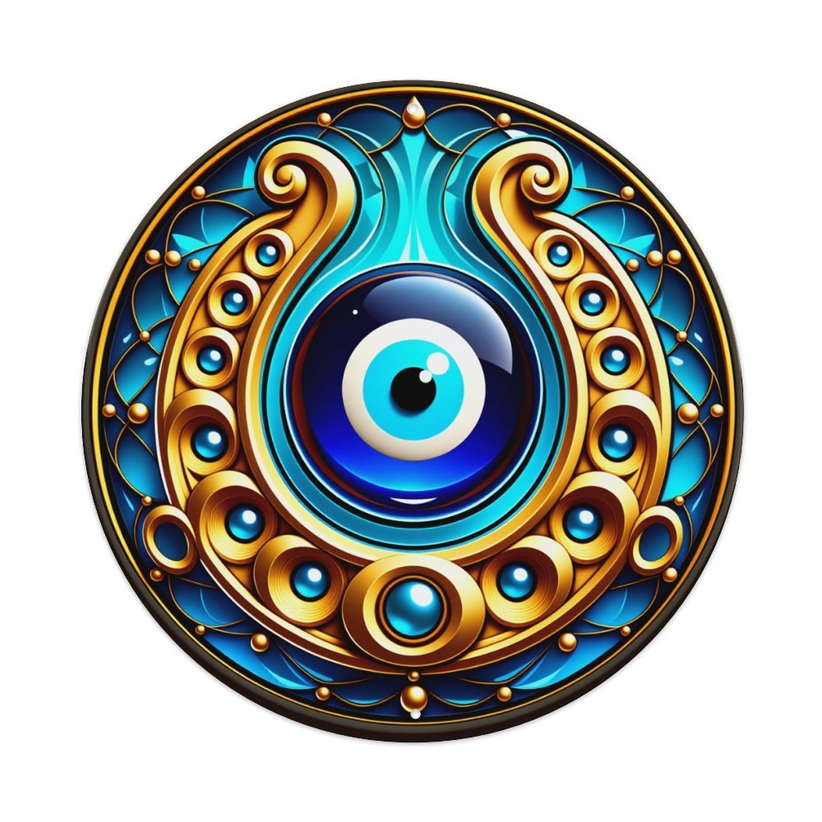 Blue Eye With Golden Ornate Pattern Round Vintage Tin Sign,Retro Wall Art,Metal Poster for Home, Bar, Garage, Cafe, Rustic Indoor & Outdoor Decor, 8x8 Inches