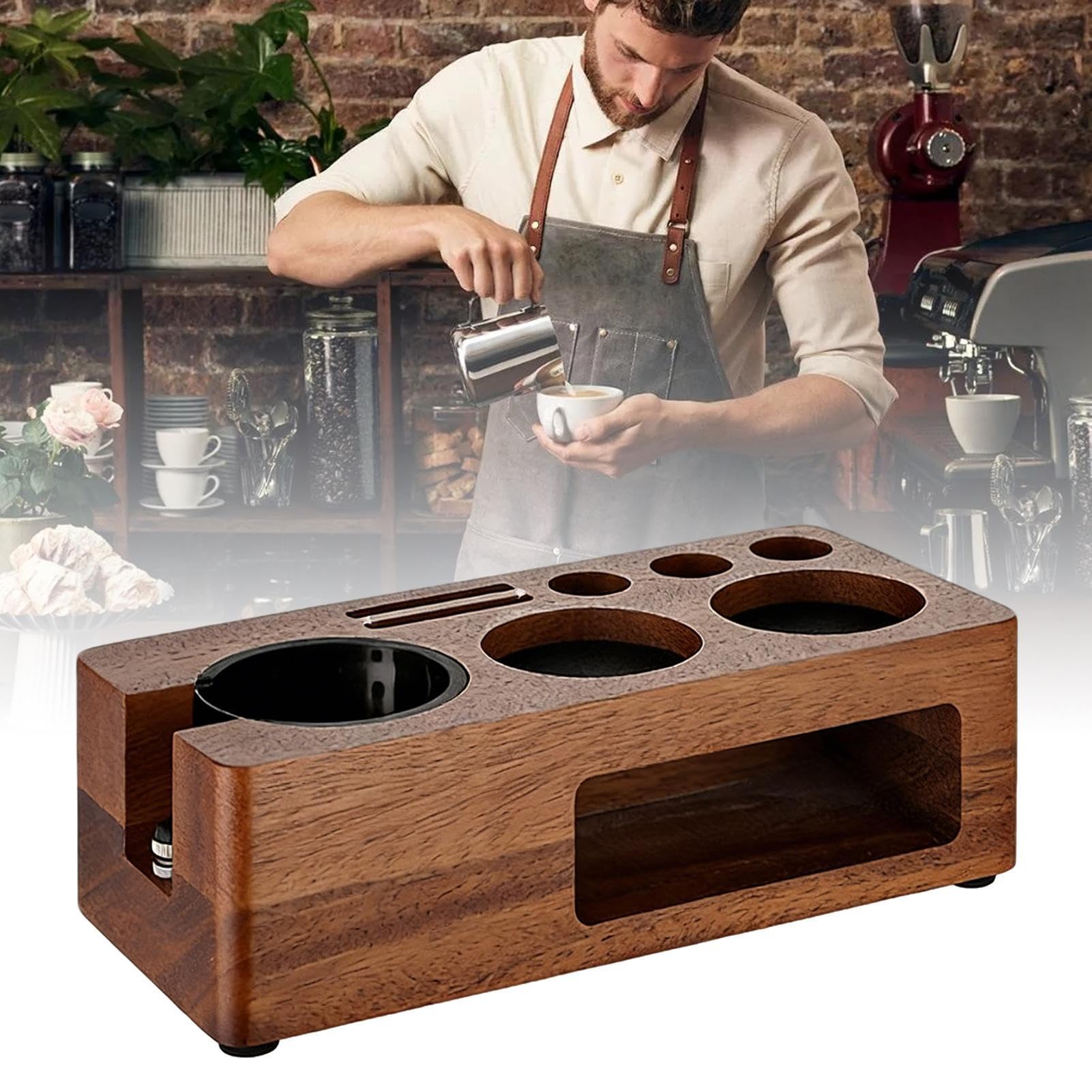 Tamperstation – 24 x 11 x 7 cm Holz-Espresso-Aufbewahrung, Kaffee-Organizer-Station für 51–58 mm Pulverhammer, Buche, Walnussholz, Holzaufbewahrung für Espresso, Kaffee-Zubehör