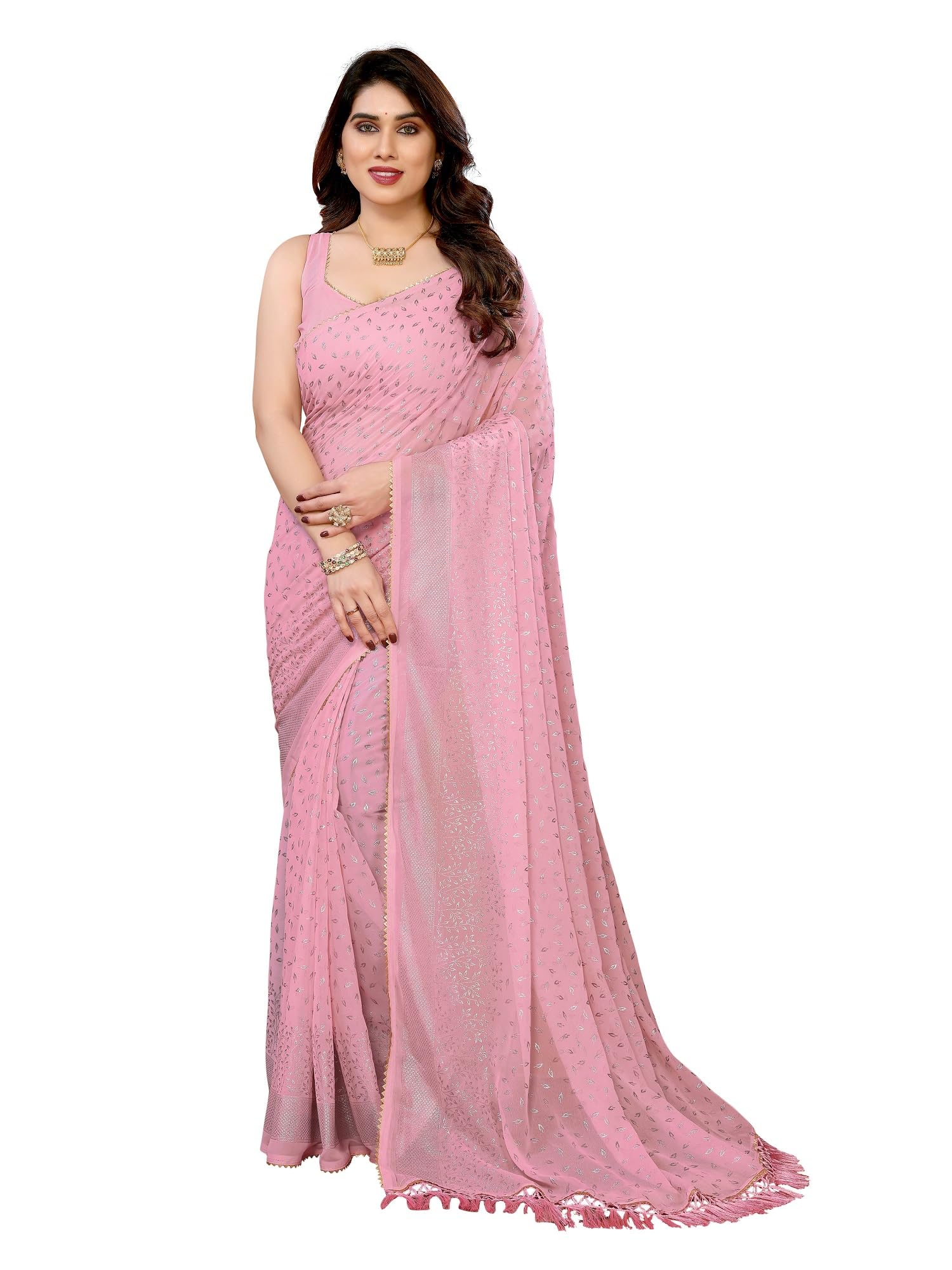 RAJESHWAR FASHION WITH RF Women's Foil Print Work Georgette Sarees For Ladies & College Girls Farewell With Tassels On Pallu & Blouse