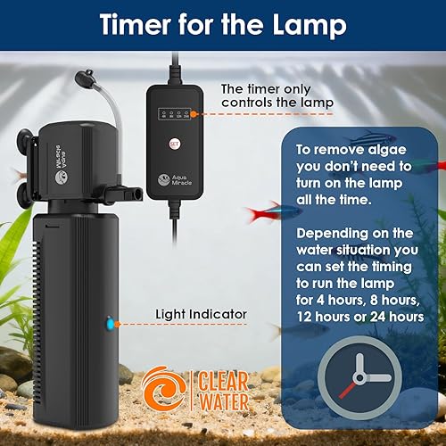 Miniatura 5 de AquaMiracle Filtro de acuario con luz U - V y esponja de filtro, filtro de tanque de peces con temporizador para agua verde, filtro de tortuga con