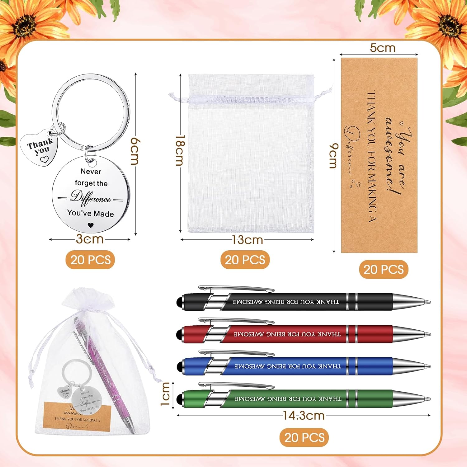 Lincia 20 Set Thanks Appreciation Gift Pens 20 Inspirational Ballpoint Pen 20 Stainless Steel Keychains and 20 Organza Bags 20 Thanks Cards for Colleague Gift(Thankful,Vintage Color)