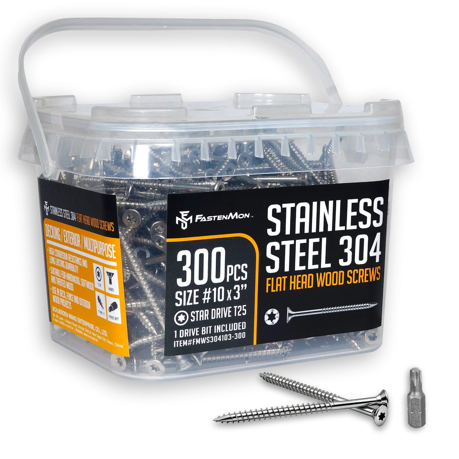 Fastenmon - Tornillos de cubierta de 10 x 3 pulgadas, 300 piezas de 4.5 libras de acero inoxidable 304 Torx de cabeza plana, tornillos exteriores para madera, una broca T 25 incluida