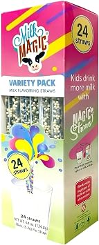 Milk Magic Flavored Straws | 24 Pack Variety | Vanilla Milkshake, Cookies & Cream, Strawberry Banana & Unicorn Kisses | Low Sugar, Gluten-Free & BPA-Free