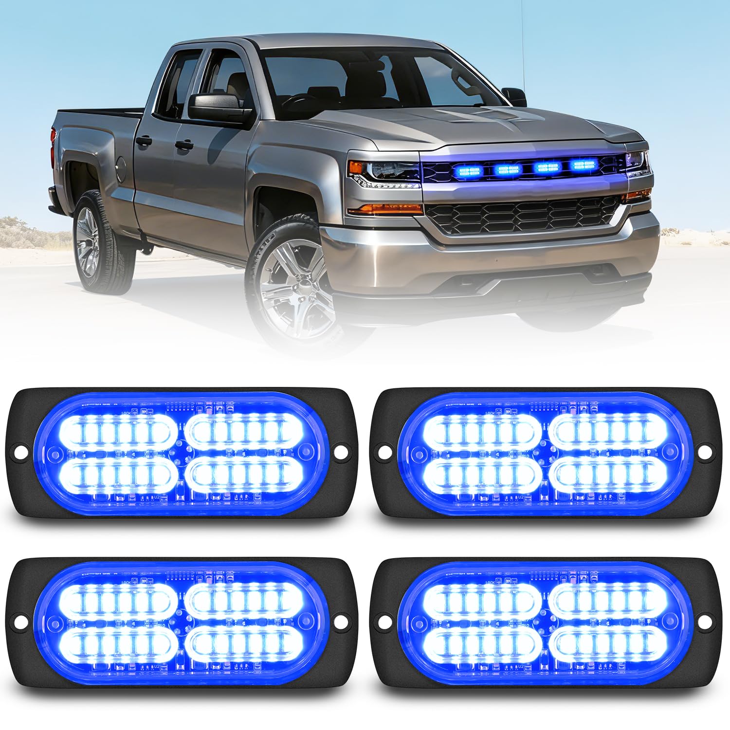 Nilight 4PCS 24LED Blue Strobe Light 12V/24V Grille Surface Mount