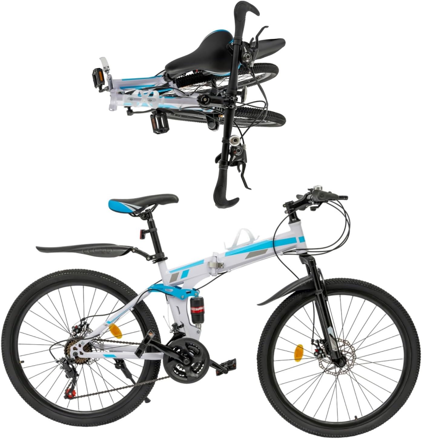 26 Inch Foldable Mountain Bike, 21 Speed Folding Mountain Bike with Double Shock Effect, Full Suspension Powerful Mechanical Dual Disc Brakes, Unique Design and Ergonomic Frame & Cushion
