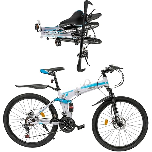26 Inch Foldable Mountain Bike, 21 Speed Folding Mountain Bike with Double Shock Effect, Full Suspension Powerful Mechanical Dual Disc Brakes, Unique Design and Ergonomic Frame & Cushion
