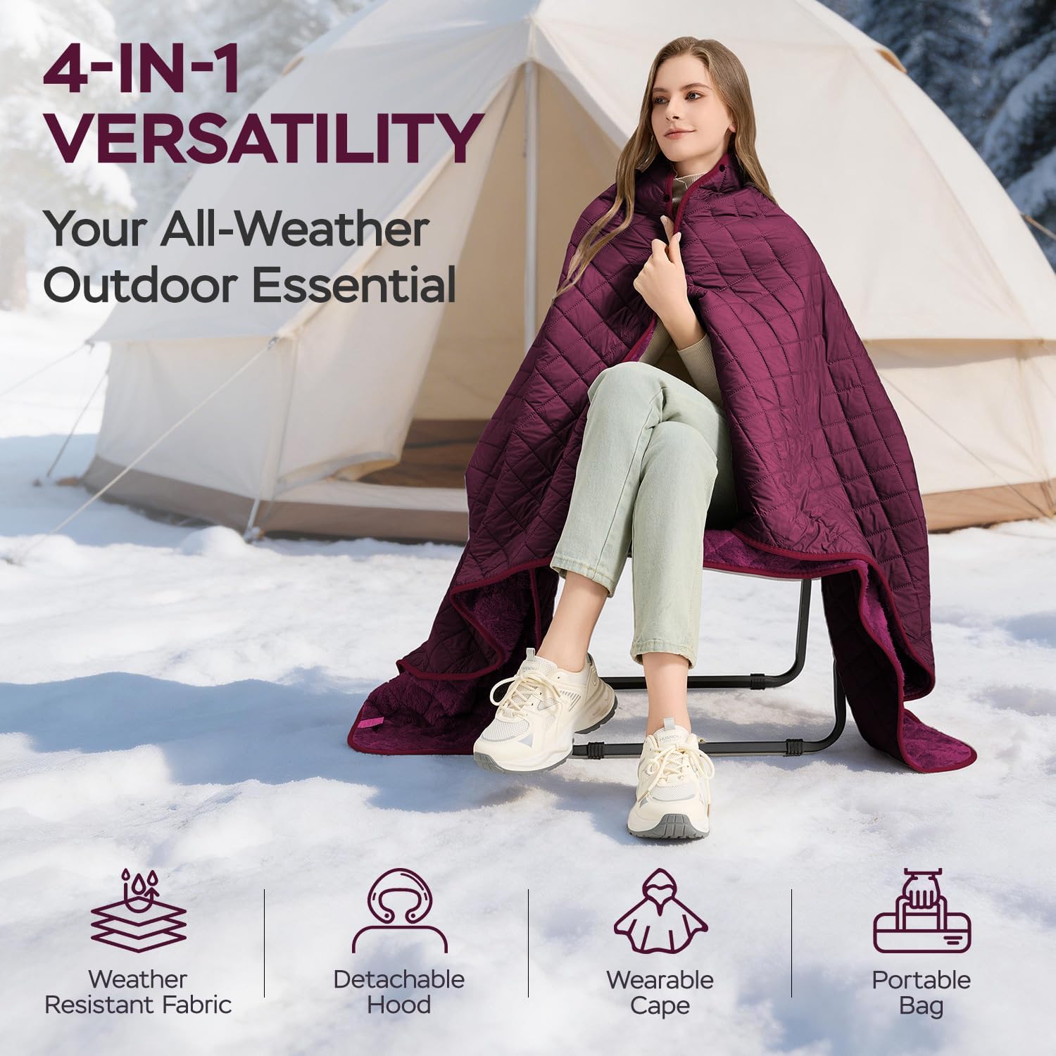Waterproof Camping Blanket - Cozy Coral Fleece Lining, Triple Layers Warm Comfy Foldable for Camping Stadium, Beach, Picnic, Grass, Concerts, Car, Dog, 51''X 70'' Red