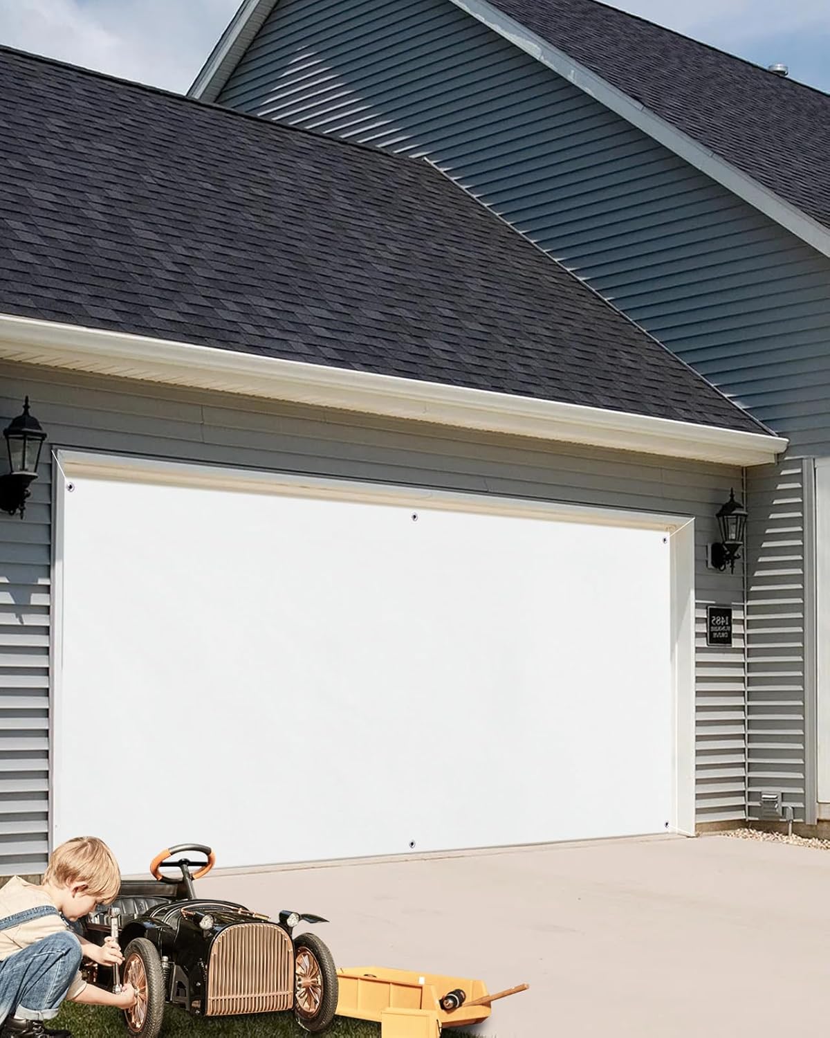 T&H XHome Garage Door Cover 7x16 FT, Solid Color White Garage Door Cover Hanging Backdrop Mural Garage Door Decorations for Holiday Party Outdoor Indoor