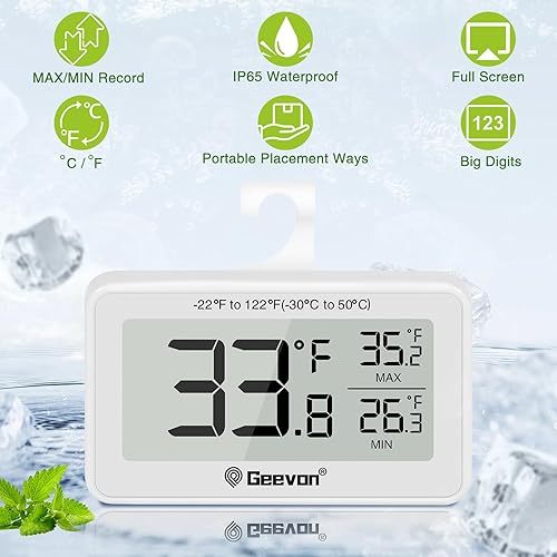Miniatura 4 de Geevon Paquete de 2 termómetros para refrigerador, termómetro digital para nevera, impermeable IP65, con gran pantalla LCD, función de grabación