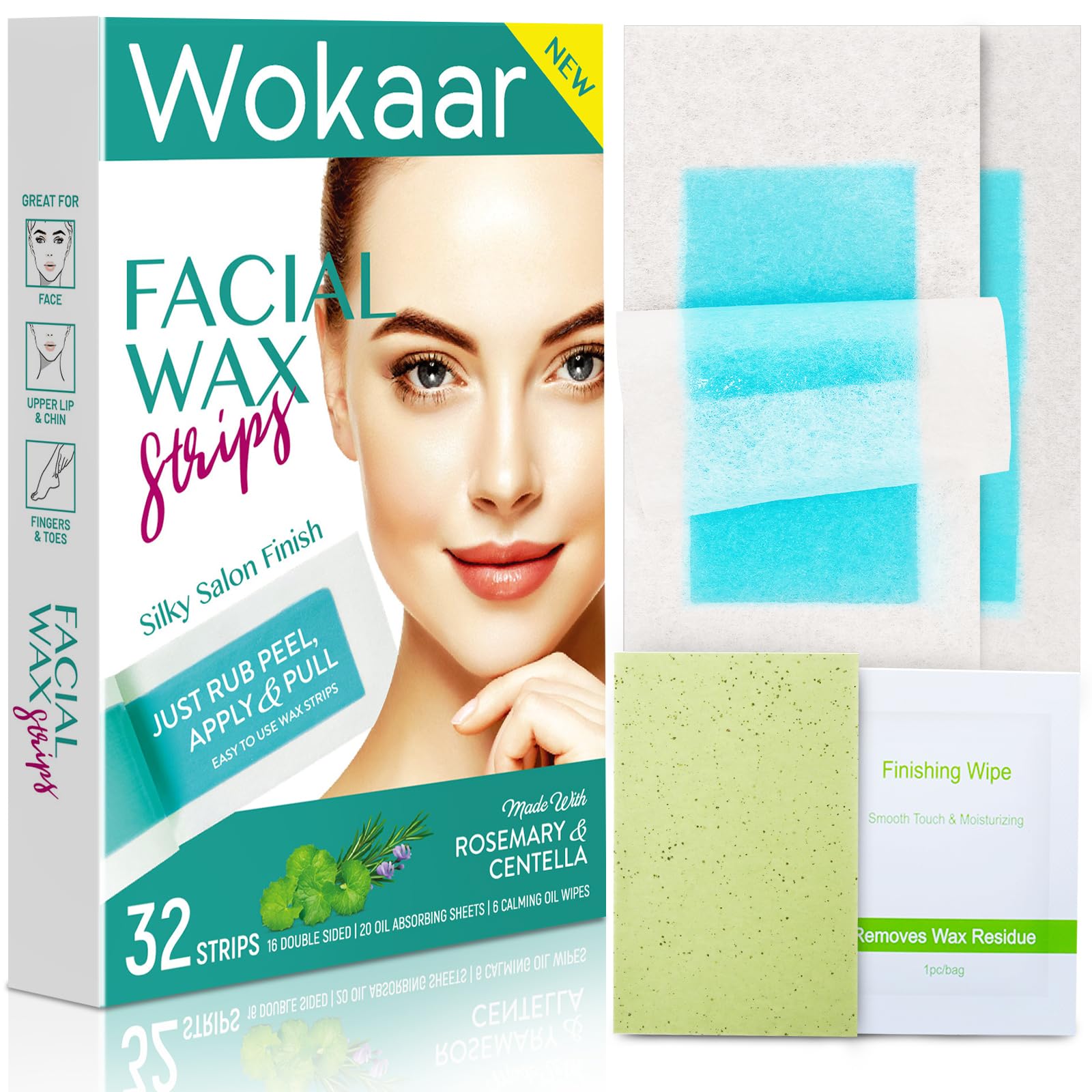 2 IN 1 Wax Strips for Hair Removal Face Upper Lip Wax Strips for Travel & Home, Waxing Kit for Women and Men with 32 Face Wax Strips+ 6 Calming Oil Wipe+ 20 Oil Blotting Sheet, Non Messy