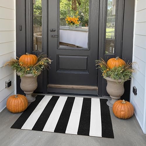 Miniatura 1 de KIMODE - Alfombra de algodón tejida con diseño a rayas en color negro, para puerta de entrada, cocina, decoración de estilo rústico