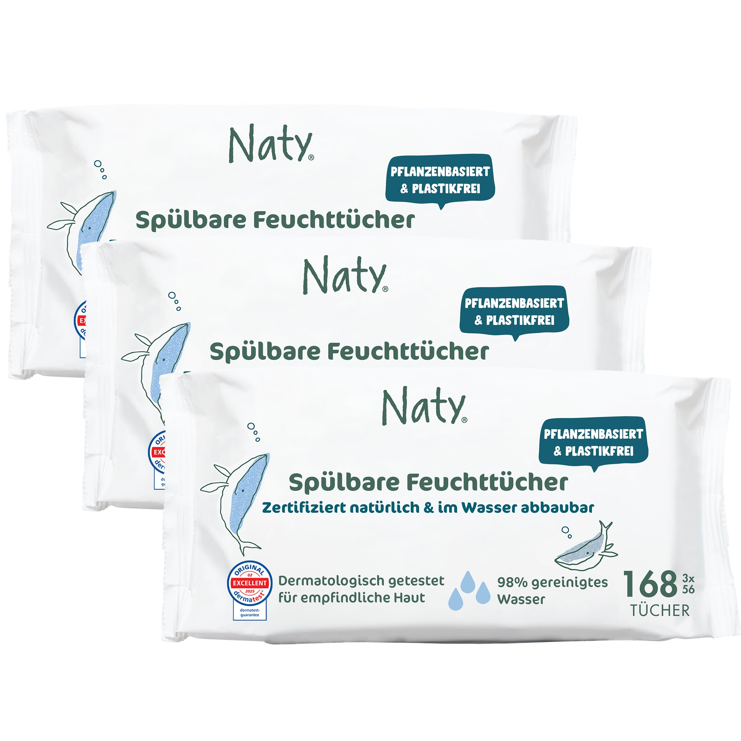 Naty Spülbare Baby Feuchttücher | Feuchte Toilettentücher für Kleinkinder | 98% gereinigtes Wasser, pflanzenbasiert & plastikfrei | Sanfte Reinigung für empfindliche Haut | 168 Tücher (3 Packungen)