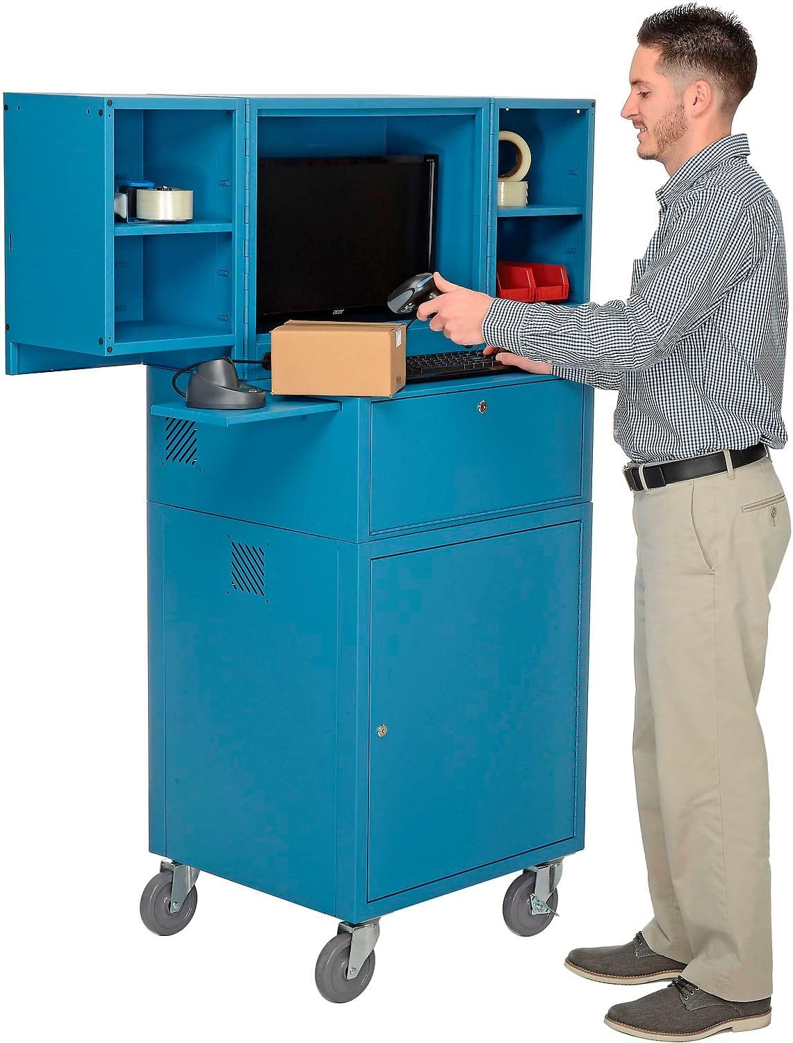 Global Industrial Fold Out Computer Security Cabinet, Mobile, 5" Swivel Casters (2 Locking), Steel Construction, Blue, 24-1/2"W x 22-1/2"D x 61-1/2"H, Assembled