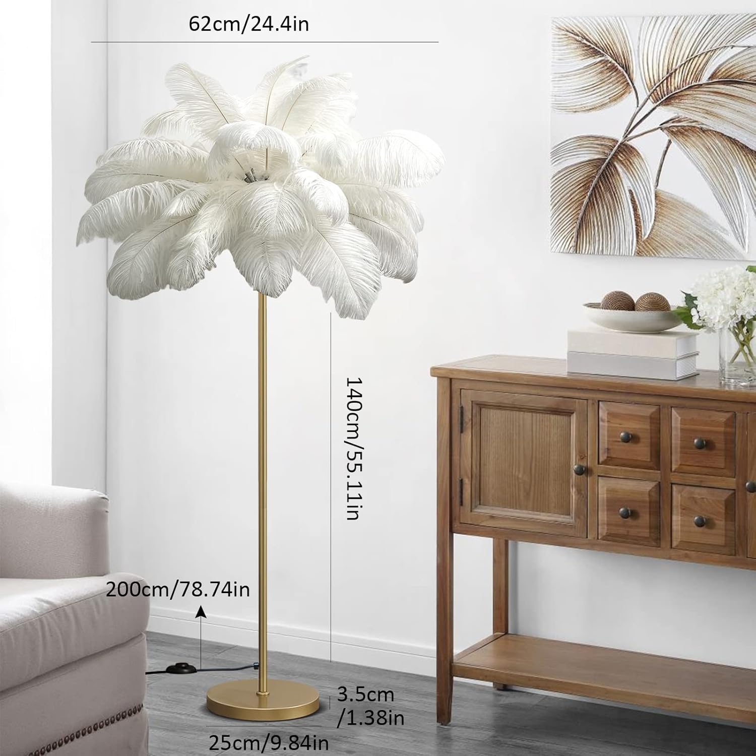 Modern Gold Floor Lamp 48 Ostrich Feather Shade,Dimmable Reading Light Color 6 * 5W LED Bulbs,Ideal for Bedroom,Living Room,Office or Kids Girls Room Foot Switch,63 Inches Tall