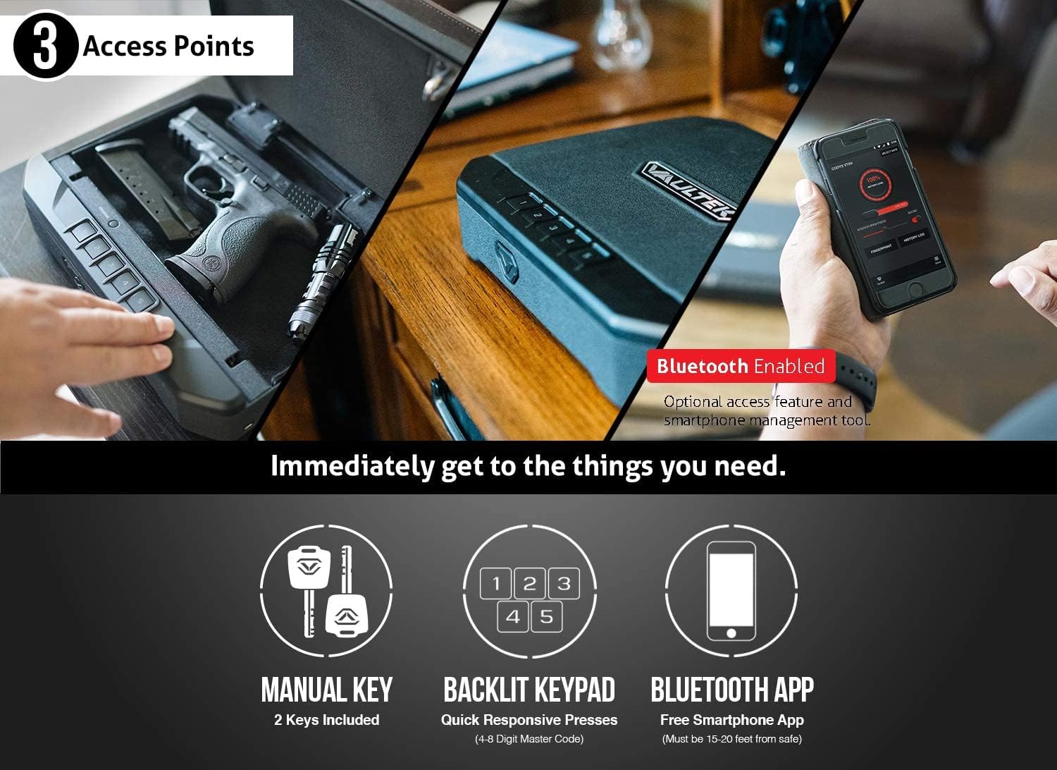 Three access points for the VAULTEK VT20 safe: manual key, backlit keypad, and Bluetooth app