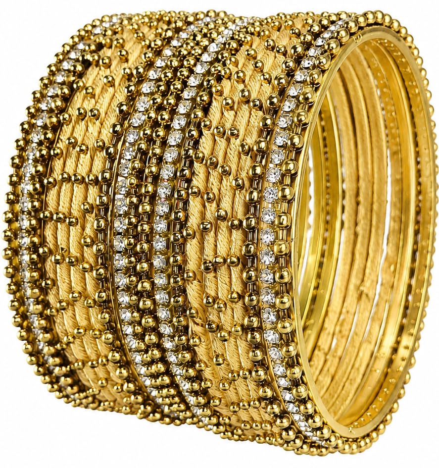 Image of NMII Non-Precious Metal with Base Metal and Zircon Gemstone Studded Ball Chain Linked Glossy Finished Silk thread Bangle set for Women and Girls