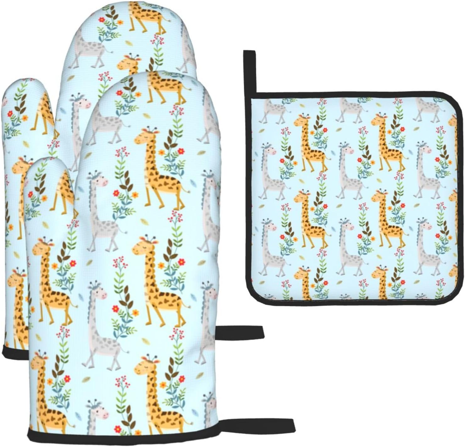 Cute Giraffe Flowers Print Heat Resistant Microwave Gloves, Used for Baking, Cooking, and Fashion Kitchen Essentials