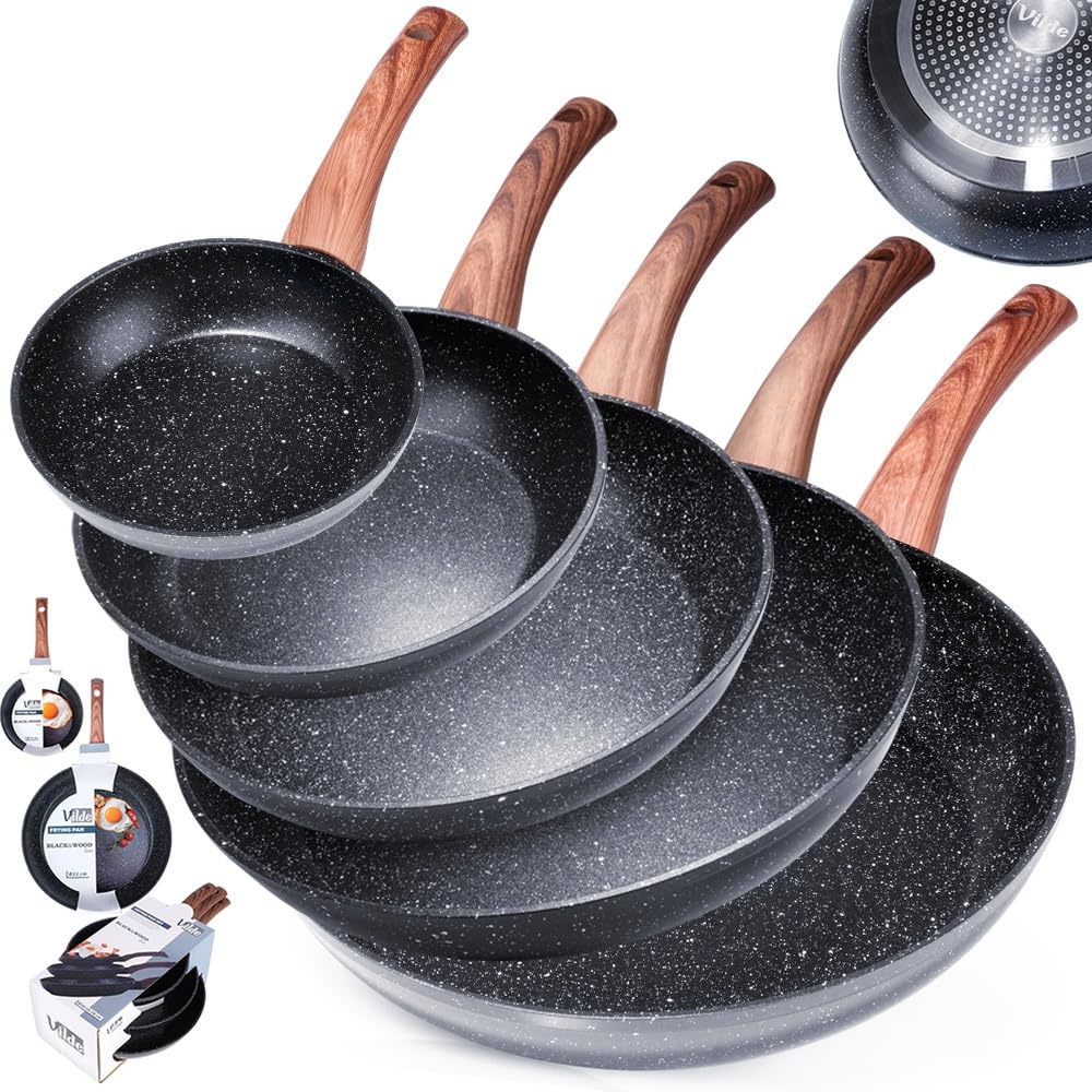 Vilde Zestaw patelni z powłoką granitową, patelnia granitowa 16/20/24/28/32 cm BLACK&WOOD 5 szt.