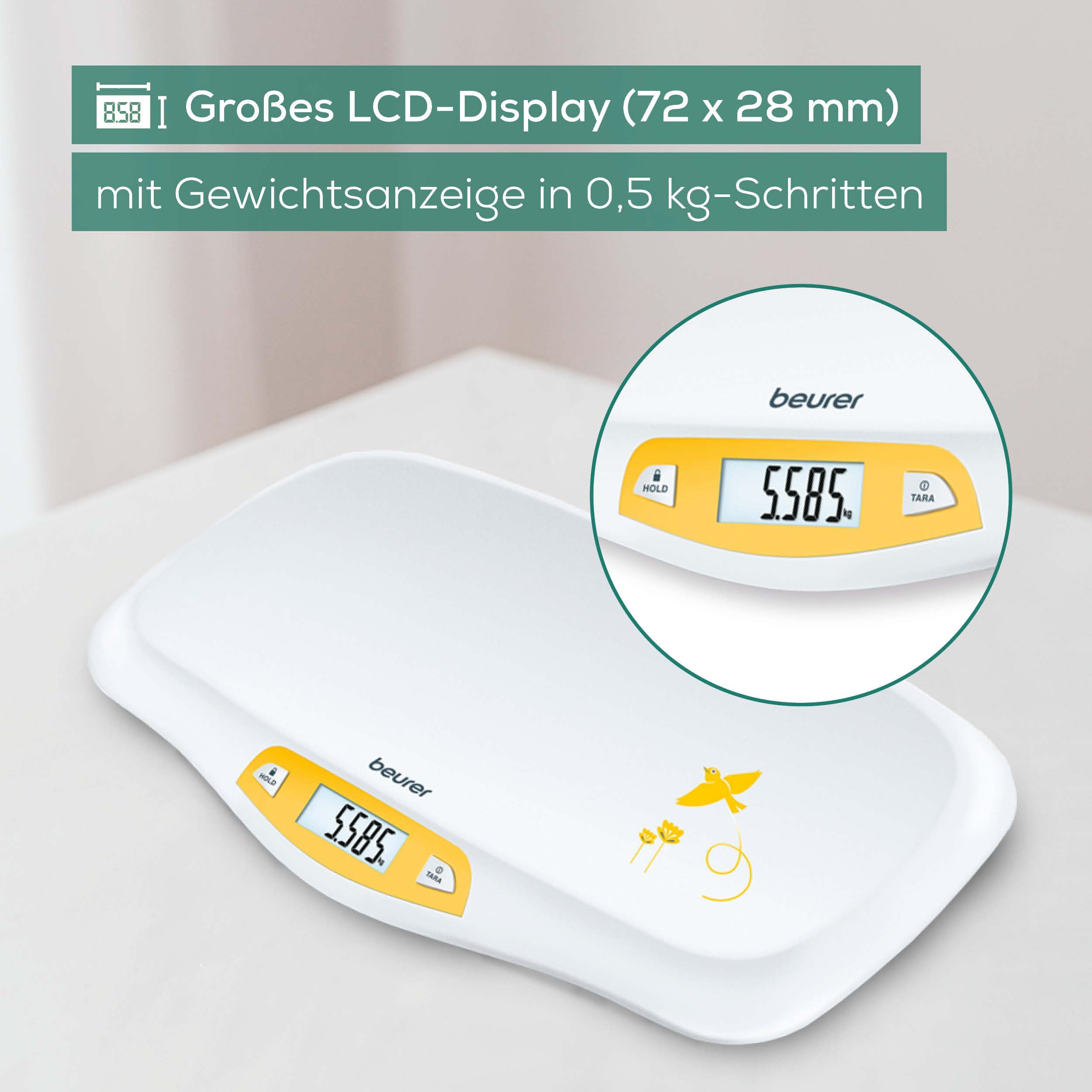 Beurer BY 80 Babywaage, mit gewölbter Oberfläche, 20 kg Tragkraft, Tara- und Holdfunktion für strampelnde Babys, Messung und Anzeige in 5g-Schritten, auch als Tierwaage verwendbar