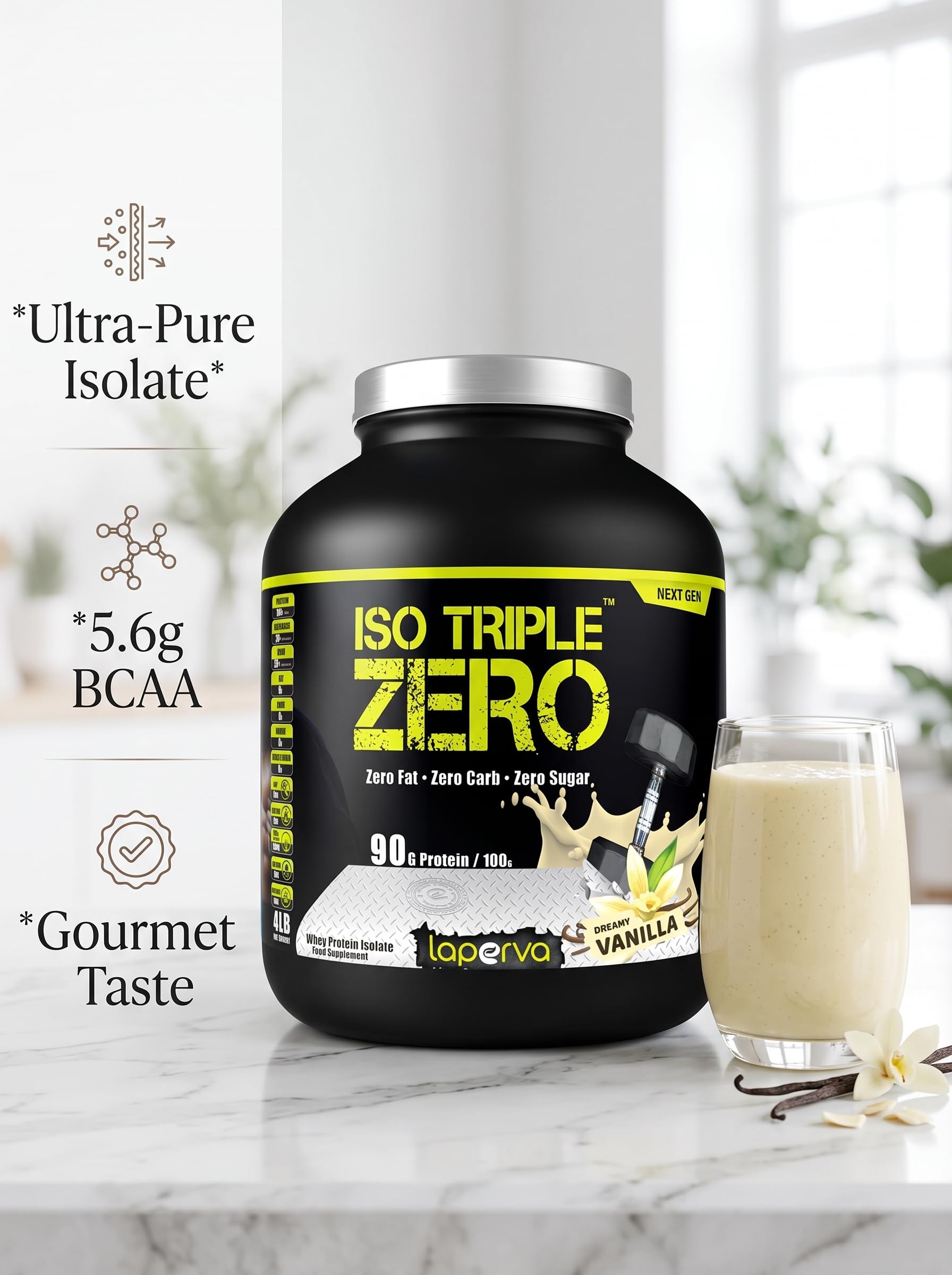 Laperva ISO Triple Zero Whey Protein Isolate – Over 27g Protein, Zero Carb, Zero Sugar, Zero Fat – BCAA-Rich, Fast Absorption, Soy-Free, Halal-Certified (4lb - 60 Servings) (Dreamy Vanilla)