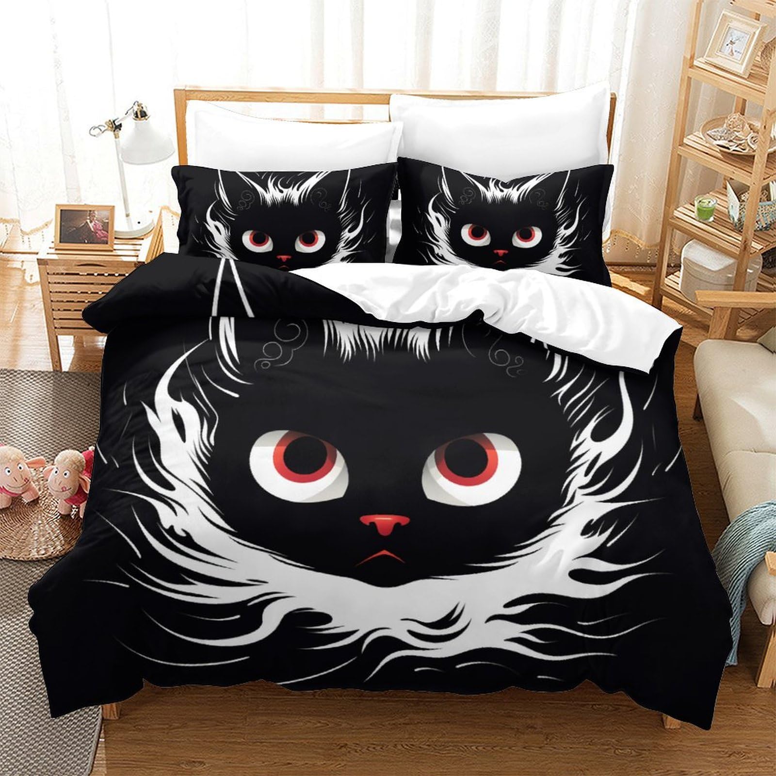 Housse de couette chat 3D 260x220 cm avec taies d'oreiller en microfibre pour lit Super King