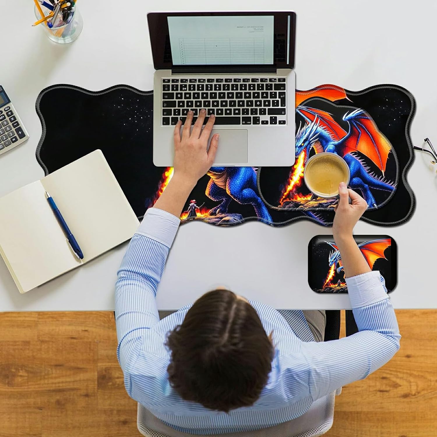 3Pcs Wrist Rest for Computer Keyboard Small Cloud Mouse Pad & Wave Desk Mat 31.5" x 11.8" Set, Office Non-Slip PU Desk Mats for Computer Laptop Office Gaming & Writing, Blue Flame Dragon