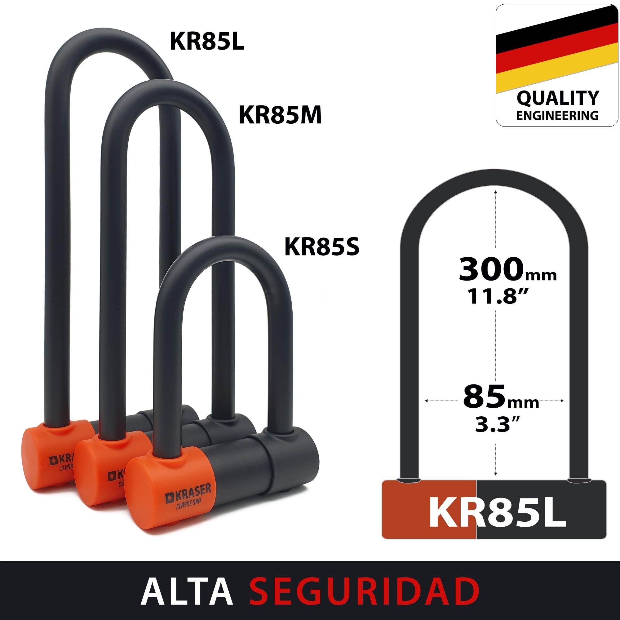KRASER KR85L Robusto Candado Moto U Bloqueo, Homologado SRA, Alta Seguridad Testada, Arco 85x300mm ø18mm Doble Cierre, Cerradura Antiganzua, Antirrobo U Lock para Motocicleta, Scooter, Bici Eléctrica